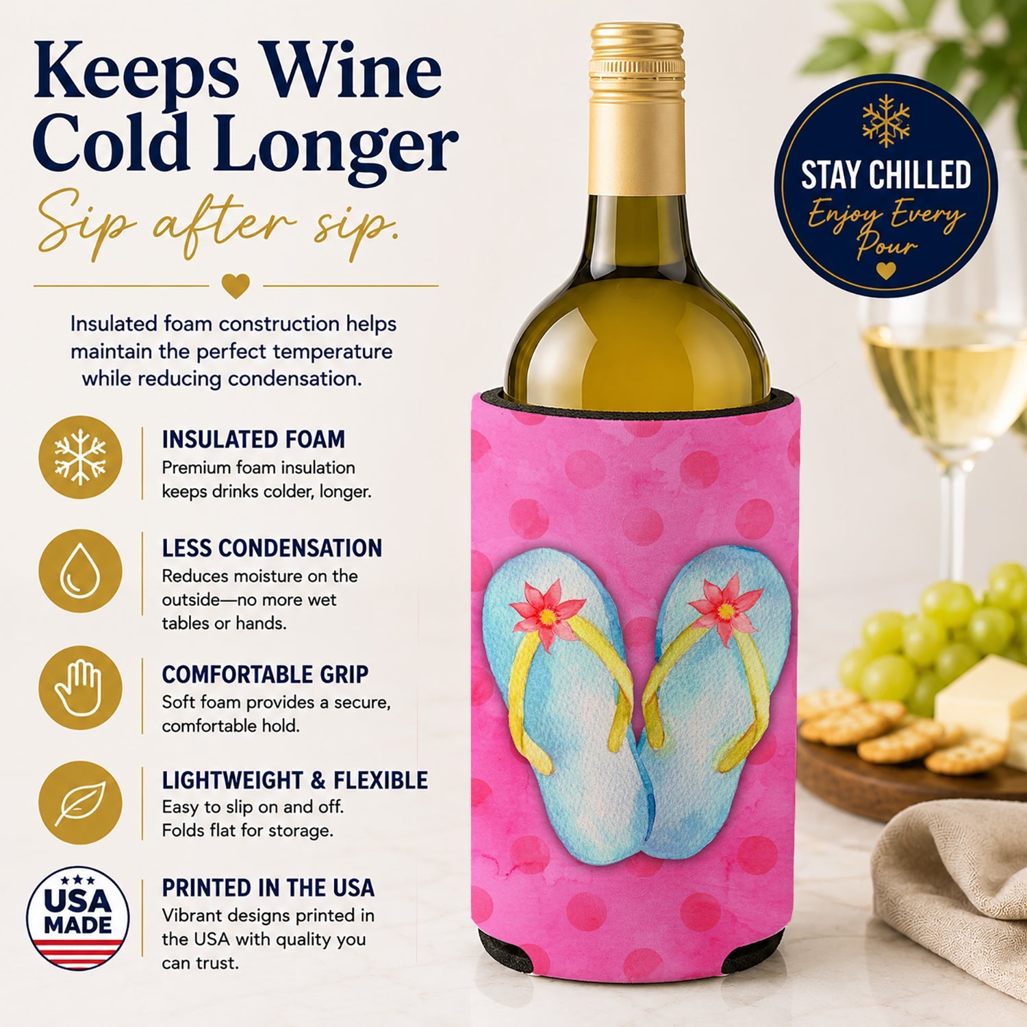 Flip Flops Pink Polkadot Wine Bottle Hugger Gift Sleeve for Standard 750 ml Bottles, Insulated Reusable Fits Mini Shot & Pint Bottles