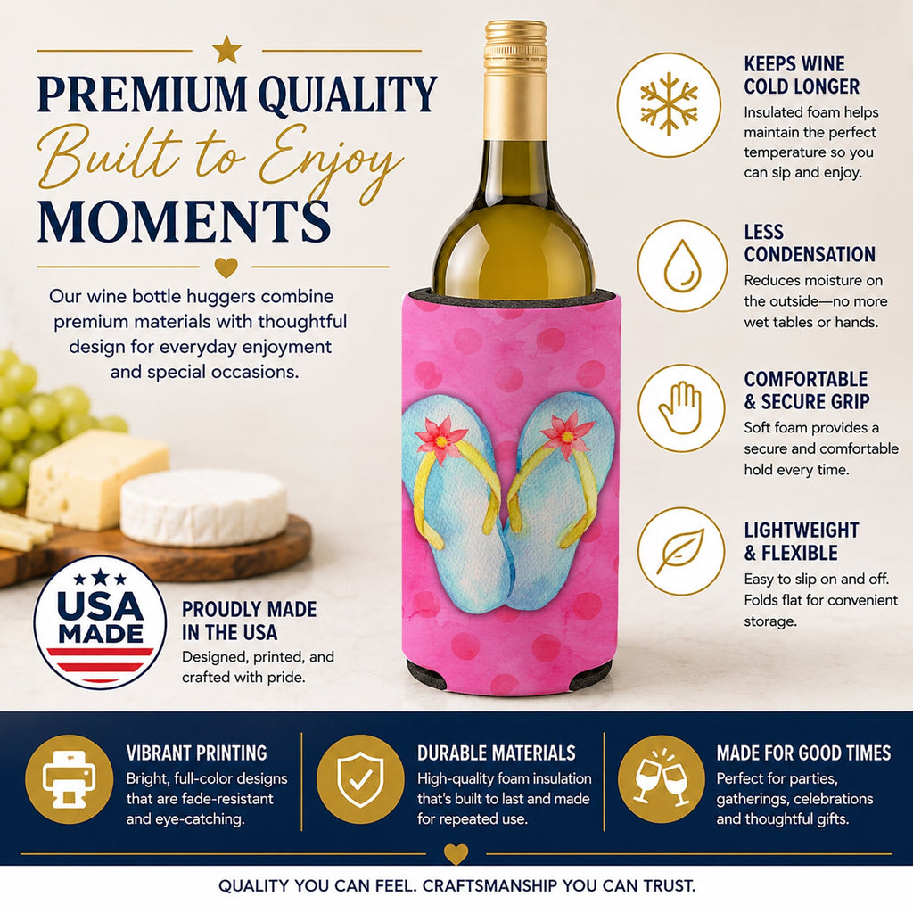 Flip Flops Pink Polkadot Wine Bottle Hugger Gift Sleeve for Standard 750 ml Bottles, Insulated Reusable Fits Mini Shot & Pint Bottles