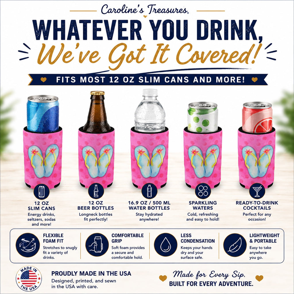 Flip Flops Pink Polkadot Slim Can Hugger  Insulated Foam Sleeve for 12 oz Slim Cans, Beer Bottles & Water Bottles, Made in USA