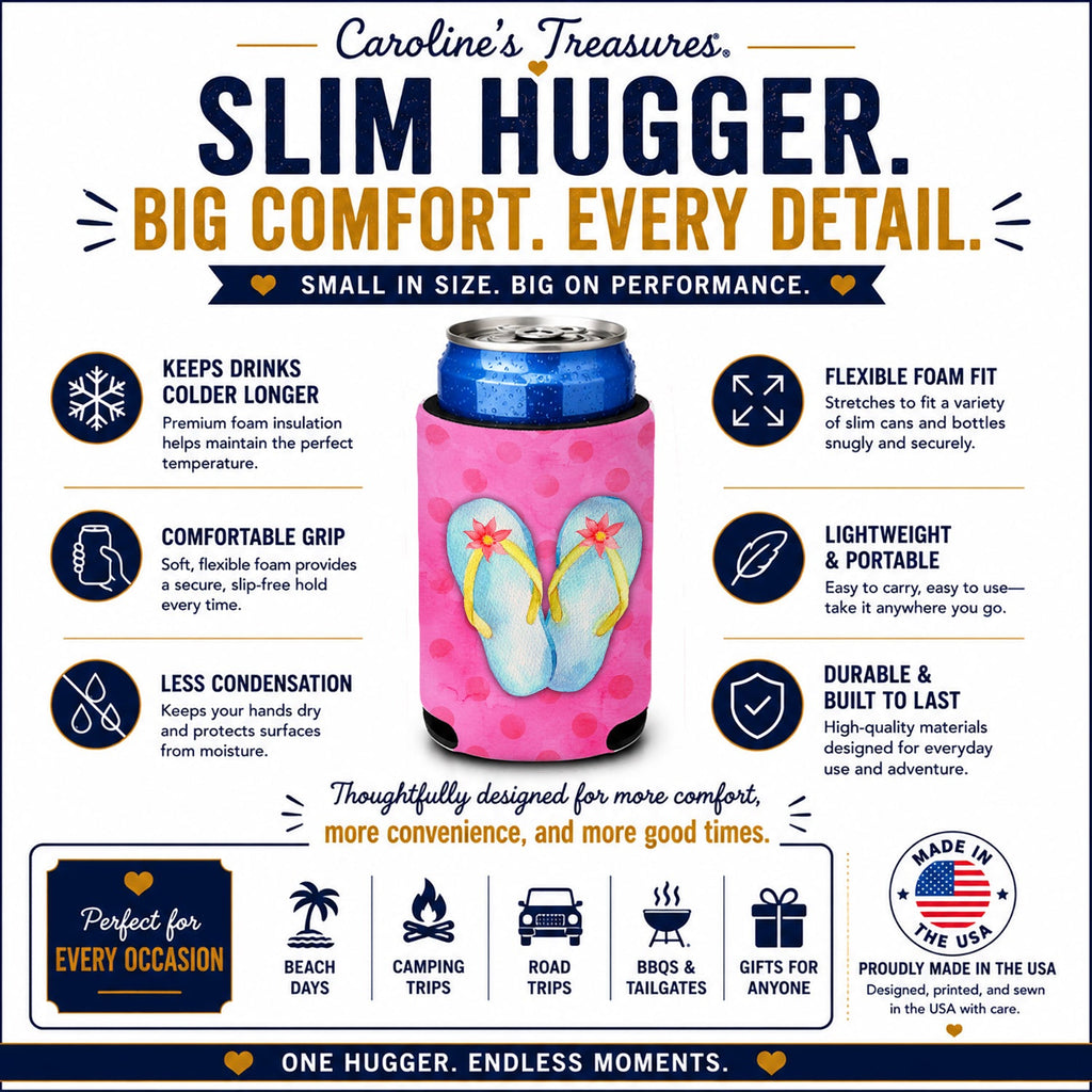 Flip Flops Pink Polkadot Slim Can Hugger  Insulated Foam Sleeve for 12 oz Slim Cans, Beer Bottles & Water Bottles, Made in USA