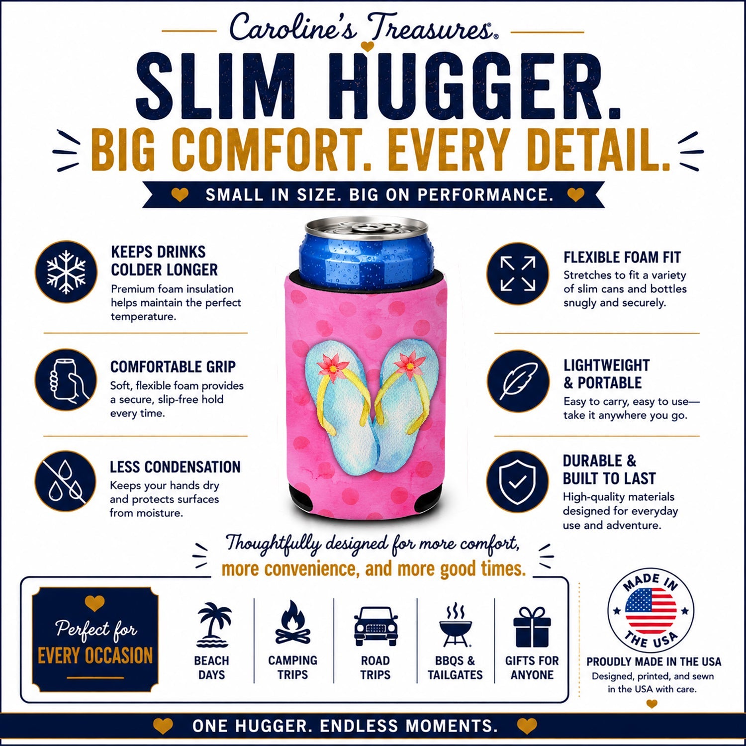 Flip Flops Pink Polkadot Slim Can Hugger  Insulated Foam Sleeve for 12 oz Slim Cans, Beer Bottles & Water Bottles, Made in USA