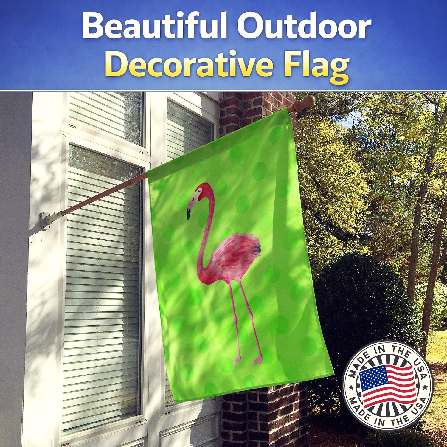 Flamingo Green Polkadot House Flag 28x40 Porch Sleeve Pole Decorative Outside Yard Banner Artwork Wall Hanging, Polyester