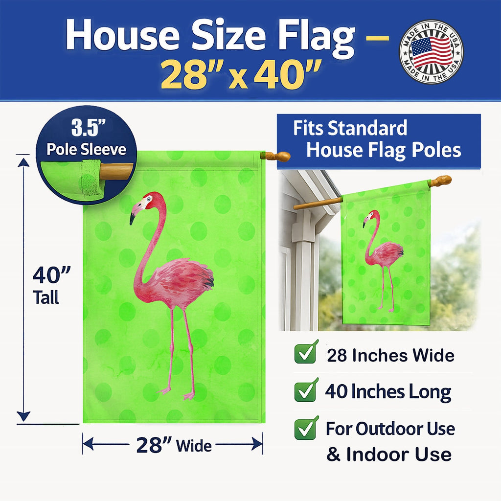 Flamingo Green Polkadot House Flag 28x40 Porch Sleeve Pole Decorative Outside Yard Banner Artwork Wall Hanging, Polyester