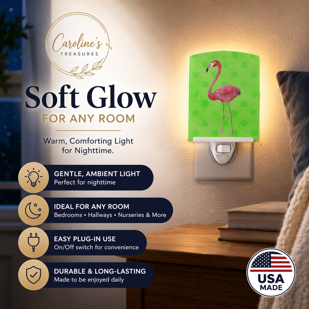 Flamingo Green Polkadot Ceramic Night Light Compact, UL-Certified, Ideal for Bedroom, Bathroom, Nursery, Hallway, Kitchen, 6x4x3, Multicolor