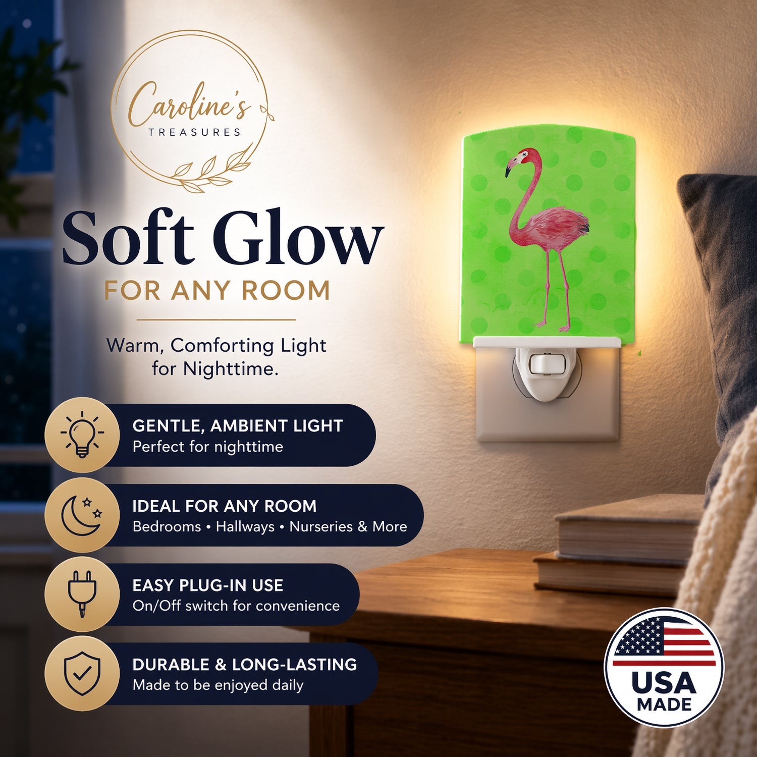 Flamingo Green Polkadot Ceramic Night Light Compact, UL-Certified, Ideal for Bedroom, Bathroom, Nursery, Hallway, Kitchen, 6x4x3, Multicolor