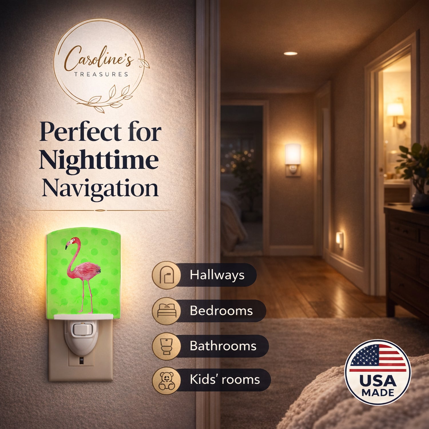 Flamingo Green Polkadot Ceramic Night Light Compact, UL-Certified, Ideal for Bedroom, Bathroom, Nursery, Hallway, Kitchen, 6x4x3, Multicolor
