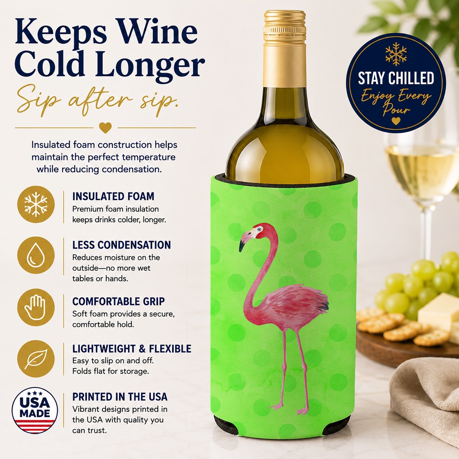 Flamingo Green Polkadot Wine Bottle Hugger Gift Sleeve for Standard 750 ml Bottles, Insulated Reusable Fits Mini Shot & Pint Bottles