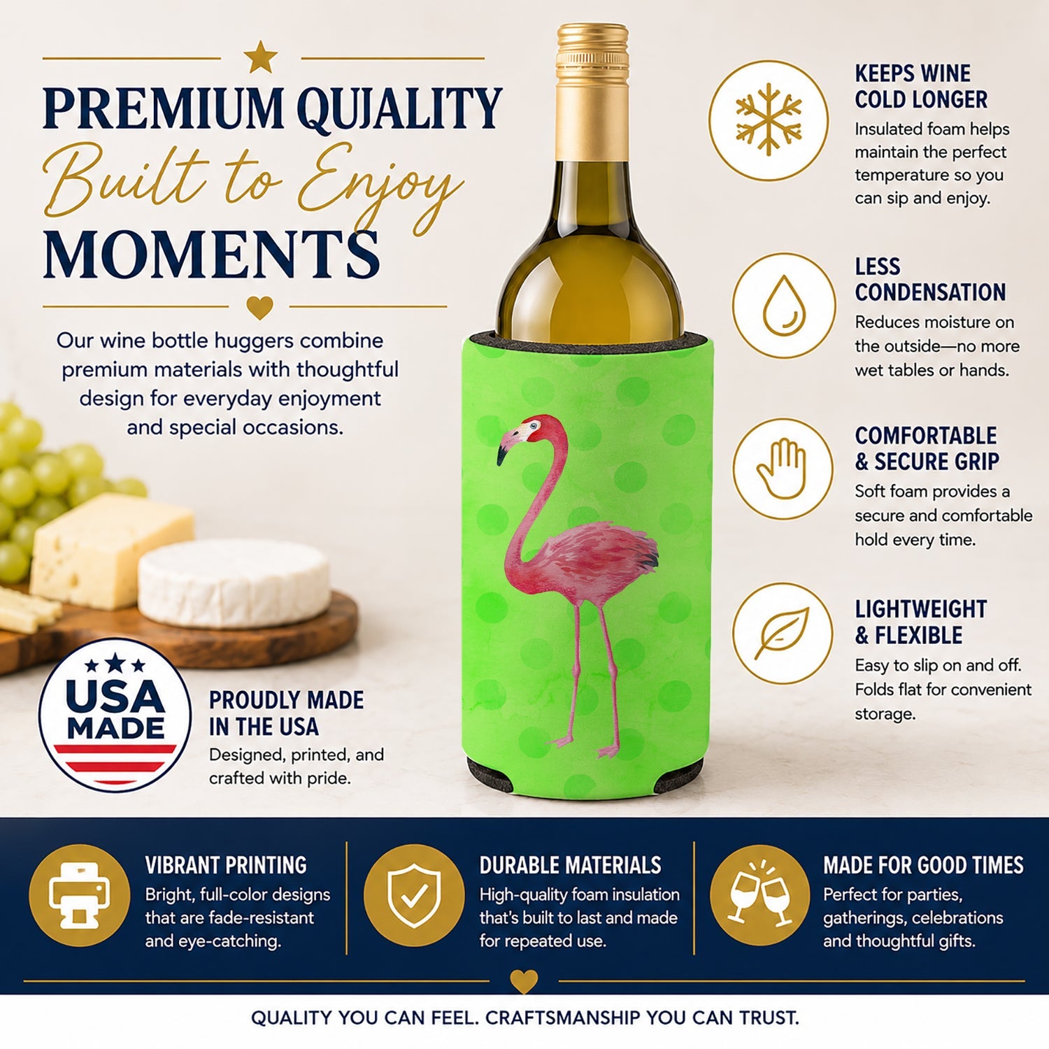 Flamingo Green Polkadot Wine Bottle Hugger Gift Sleeve for Standard 750 ml Bottles, Insulated Reusable Fits Mini Shot & Pint Bottles