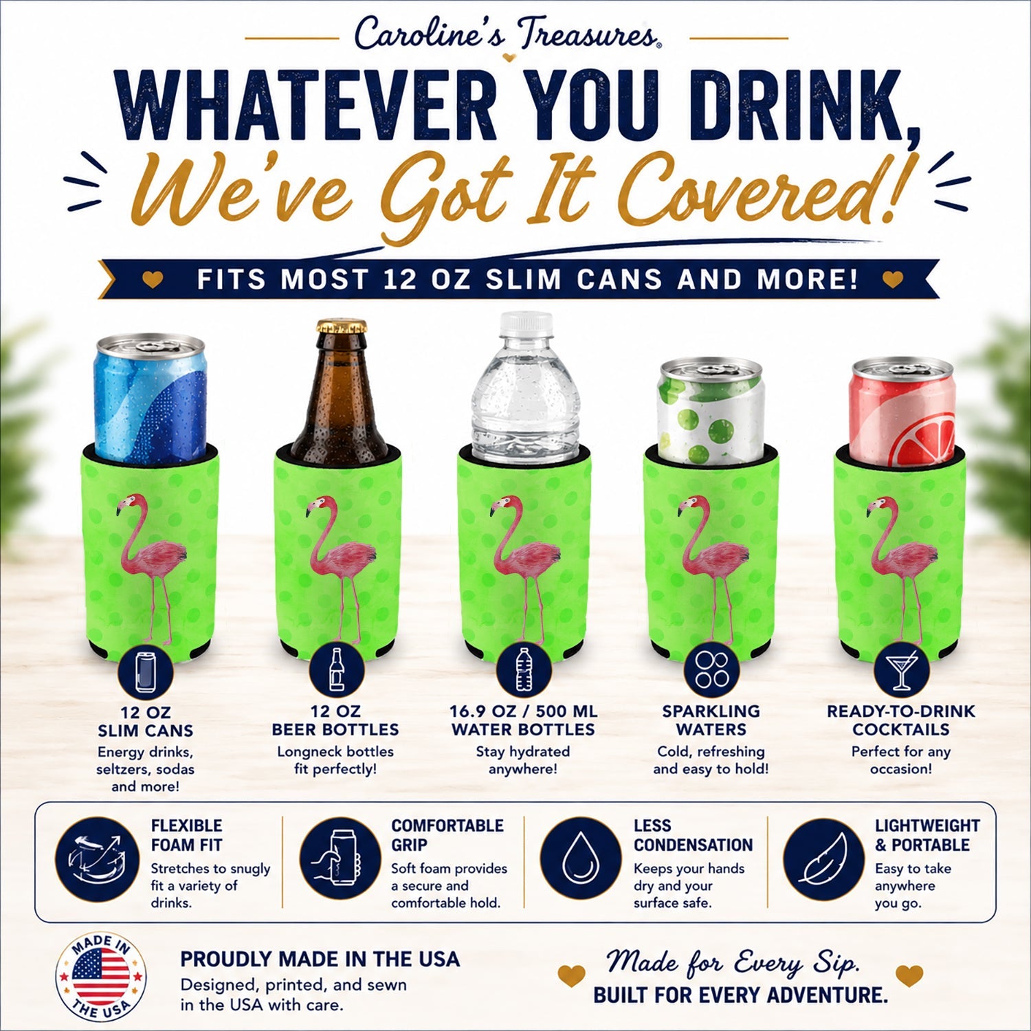 Flamingo Green Polkadot Slim Can Hugger  Insulated Foam Sleeve for 12 oz Slim Cans, Beer Bottles & Water Bottles, Made in USA