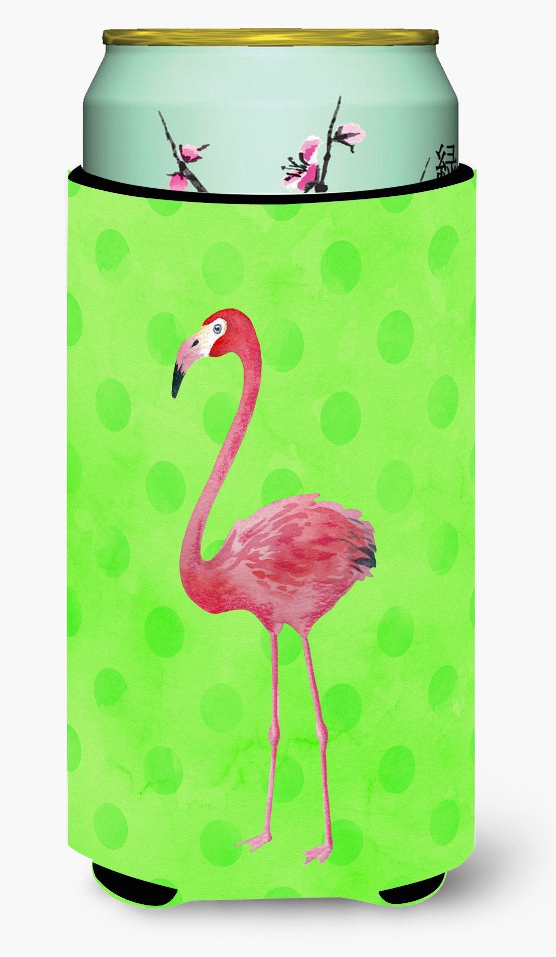 Flamingo Green Polkadot Tall Boy Hugger Can Cooler Sleeve Machine Washable Drink Collapsible Insulator Beverage Insulated Holder