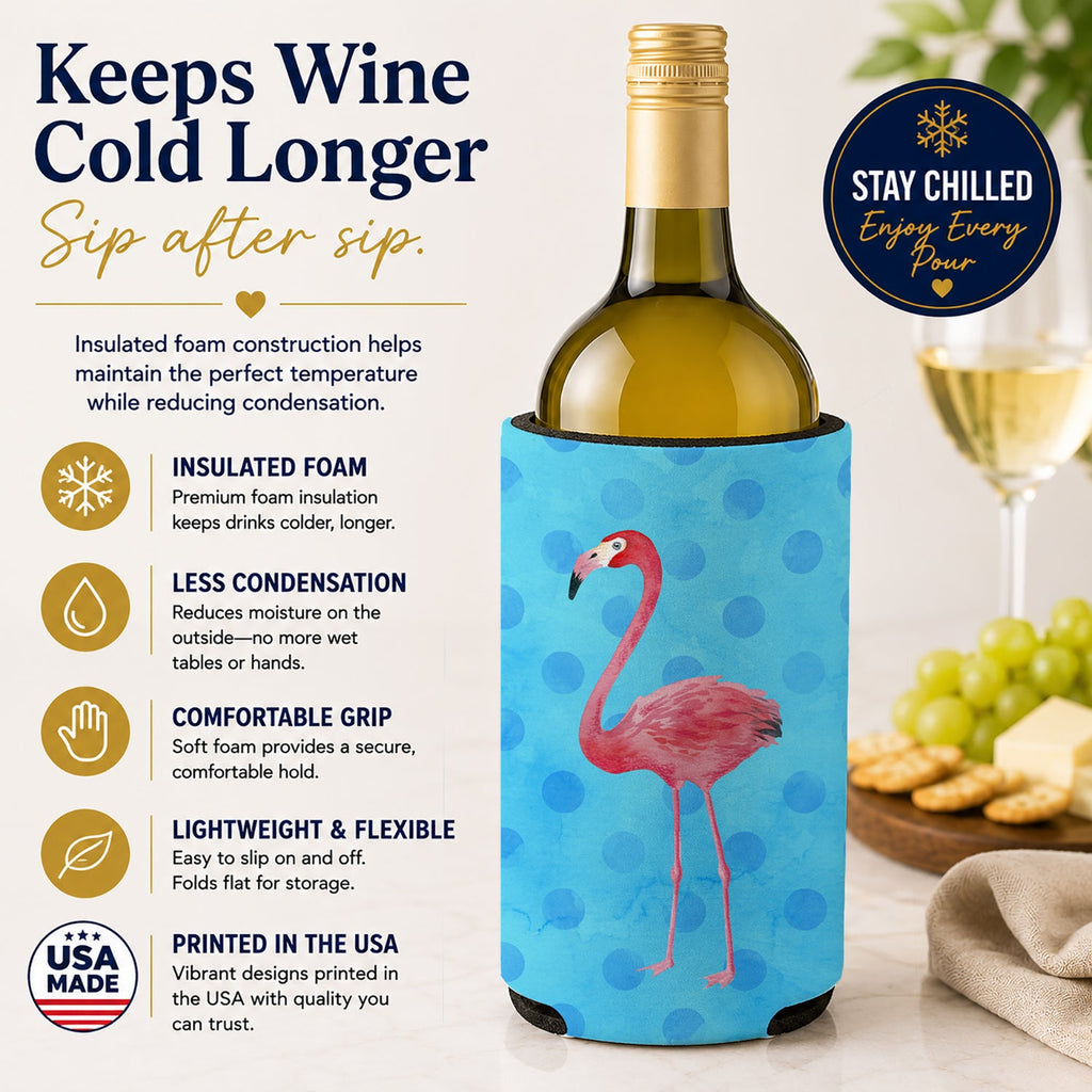Flamingo Blue Polkadot Wine Bottle Hugger Gift Sleeve for Standard 750 ml Bottles, Insulated Reusable Fits Mini Shot & Pint Bottles