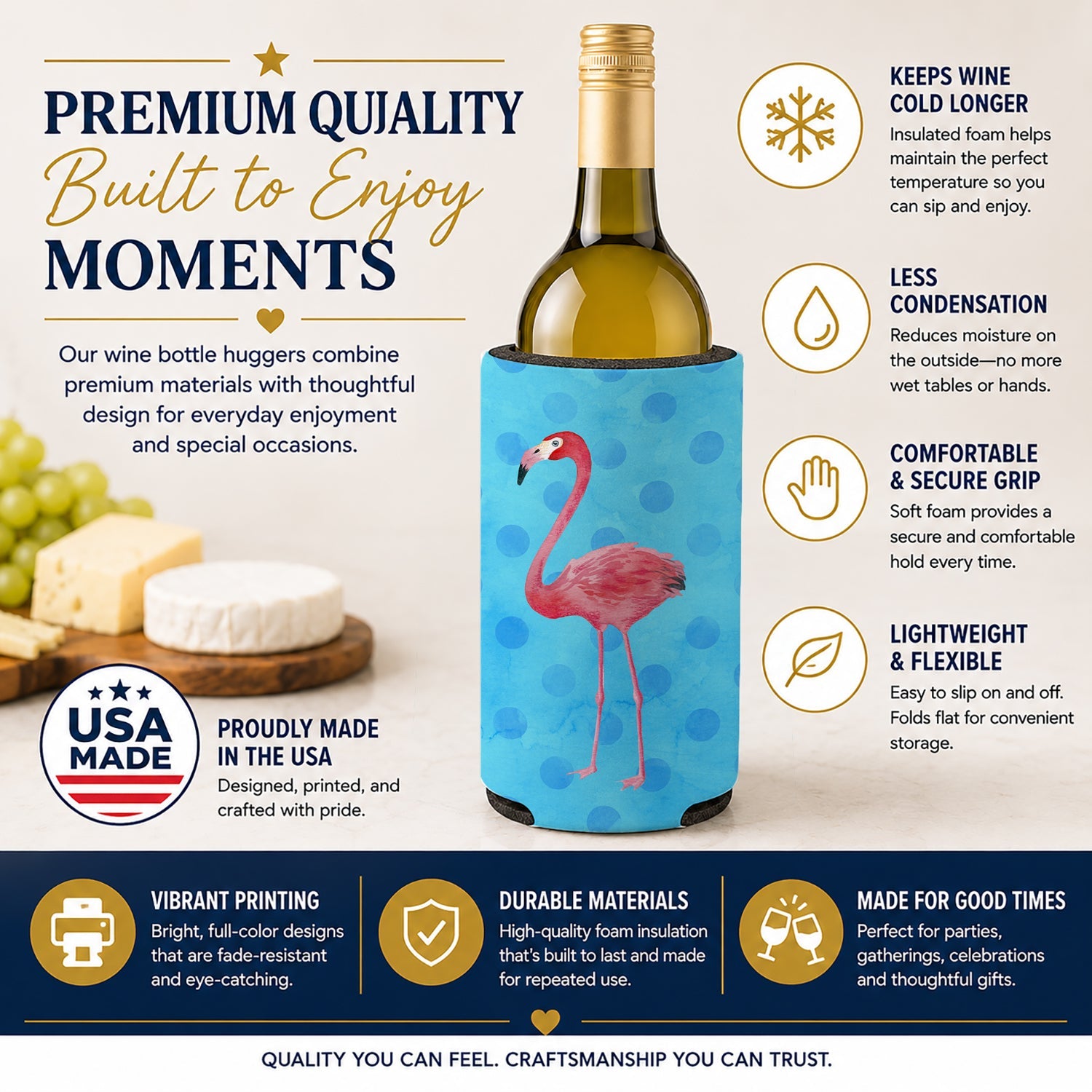Flamingo Blue Polkadot Wine Bottle Hugger Gift Sleeve for Standard 750 ml Bottles, Insulated Reusable Fits Mini Shot & Pint Bottles