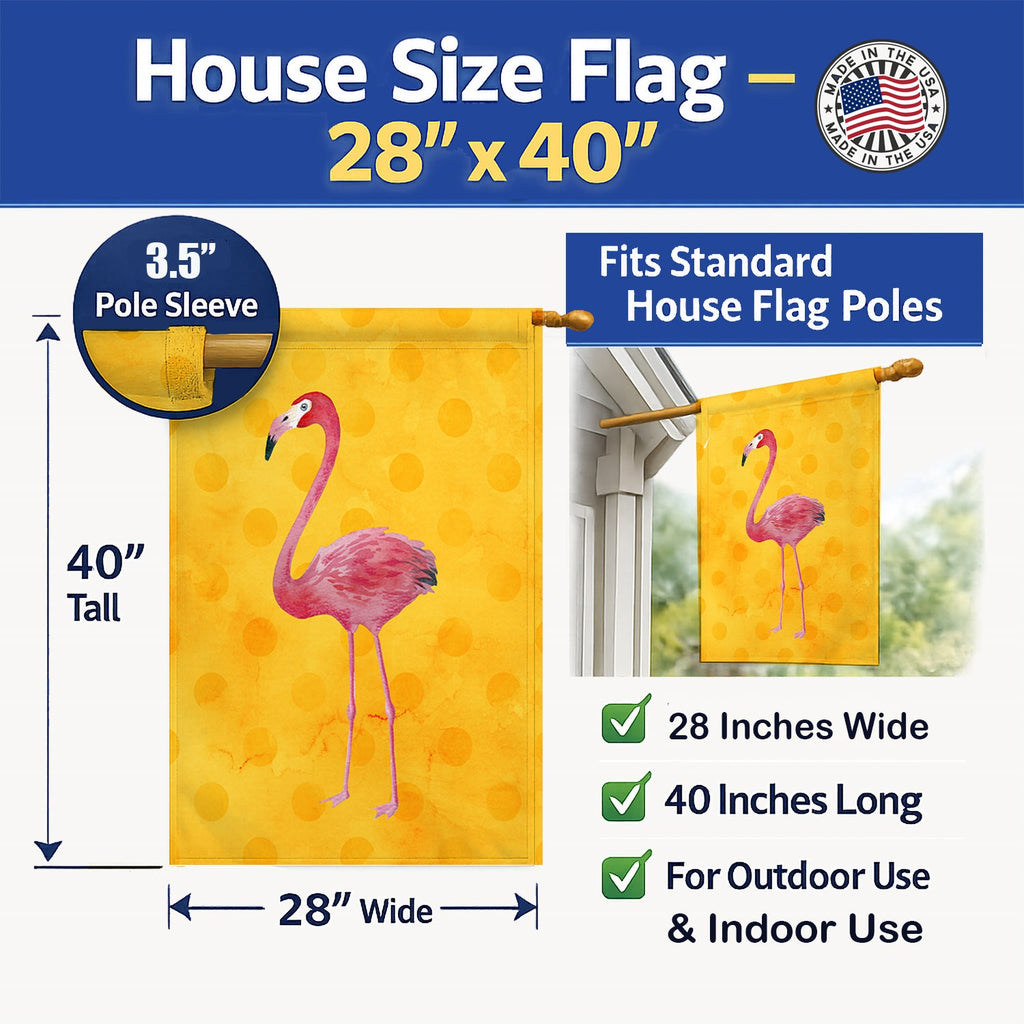 Flamingo Yellow Polkadot House Flag 28x40 Porch Sleeve Pole Decorative Outside Yard Banner Artwork Wall Hanging, Polyester