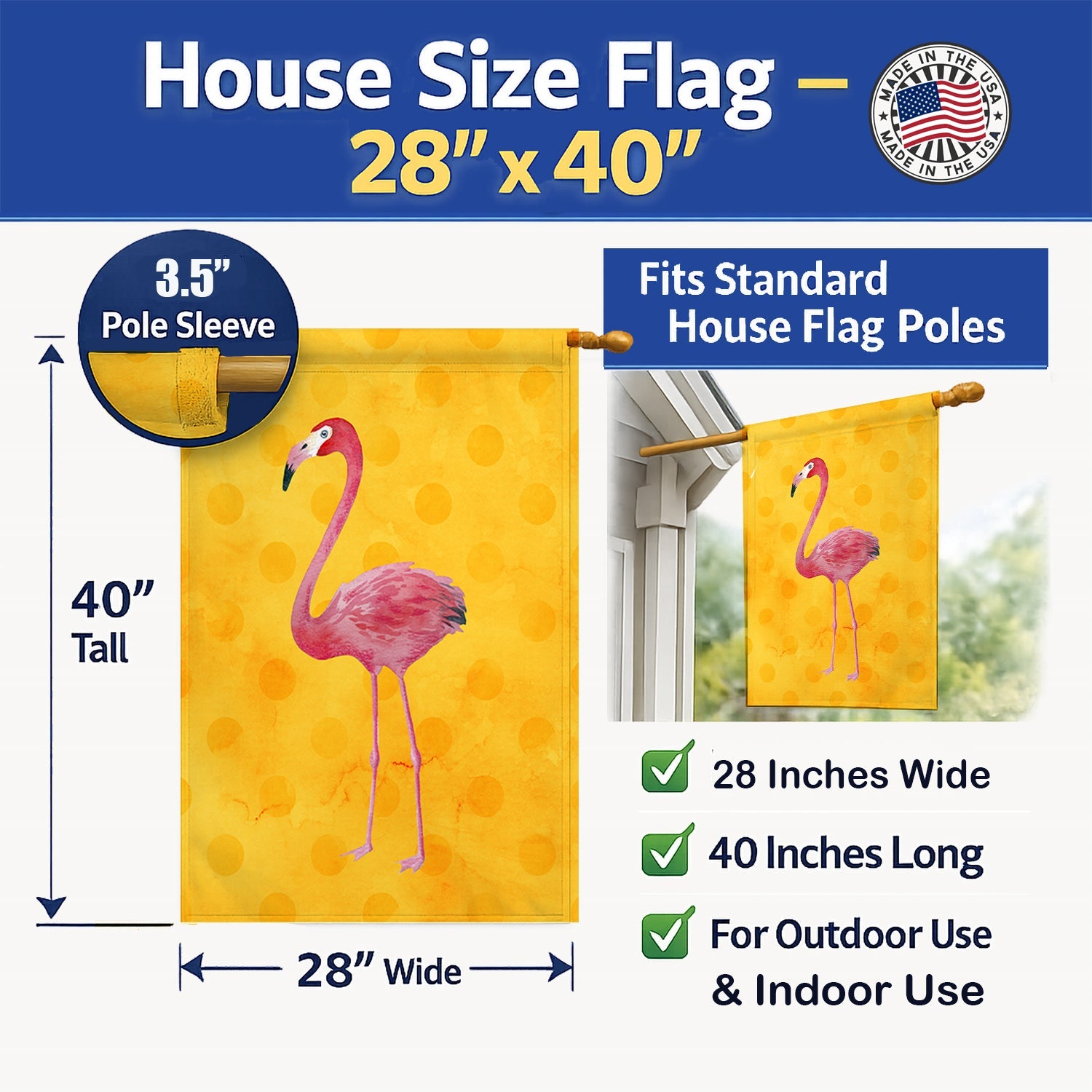 Flamingo Yellow Polkadot House Flag 28x40 Porch Sleeve Pole Decorative Outside Yard Banner Artwork Wall Hanging, Polyester