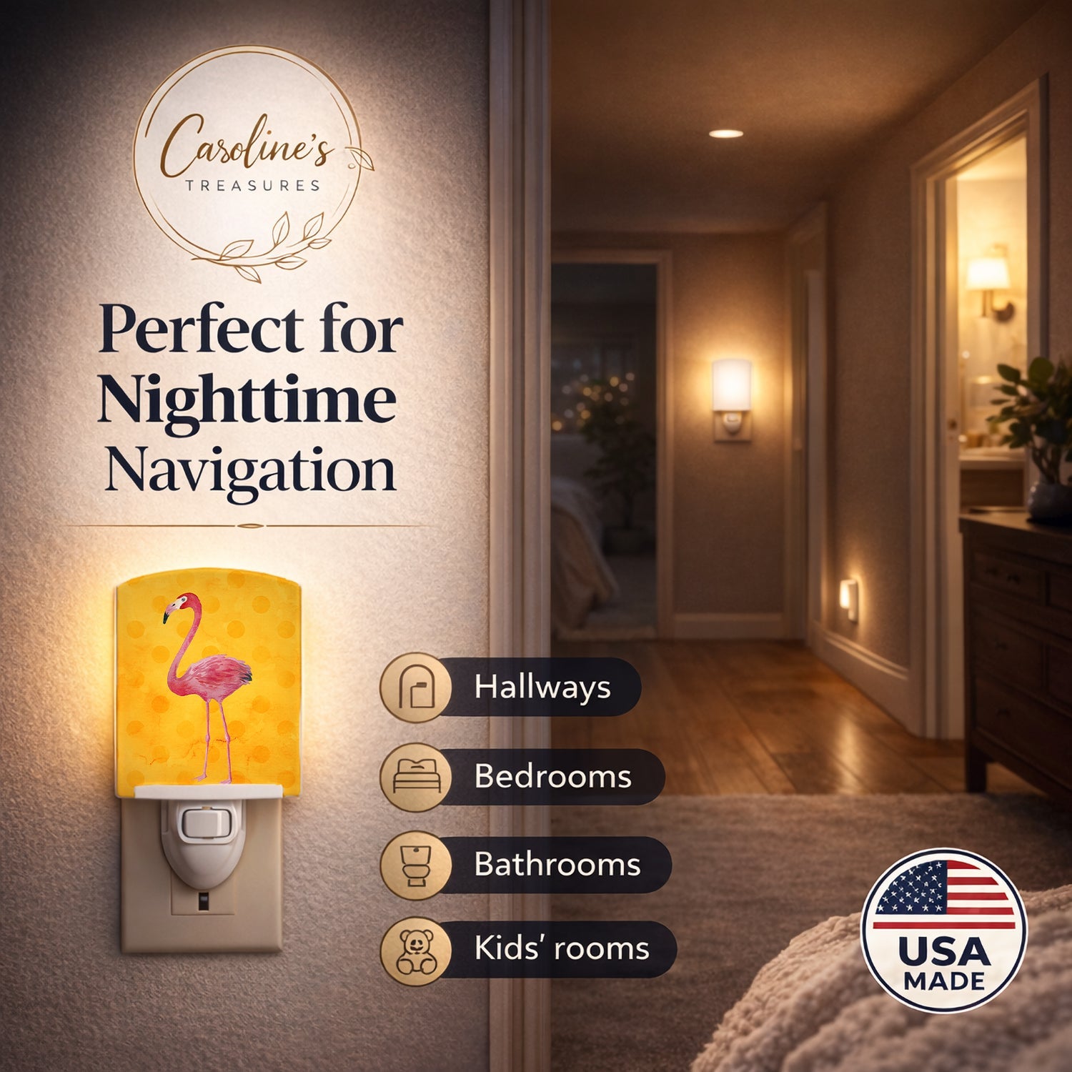 Flamingo Yellow Polkadot Ceramic Night Light Compact, UL-Certified, Ideal for Bedroom, Bathroom, Nursery, Hallway, Kitchen, 6x4x3, Multicolor