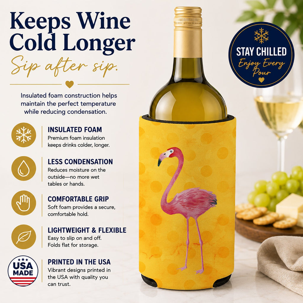 Flamingo Yellow Polkadot Wine Bottle Hugger Gift Sleeve for Standard 750 ml Bottles, Insulated Reusable Fits Mini Shot & Pint Bottles