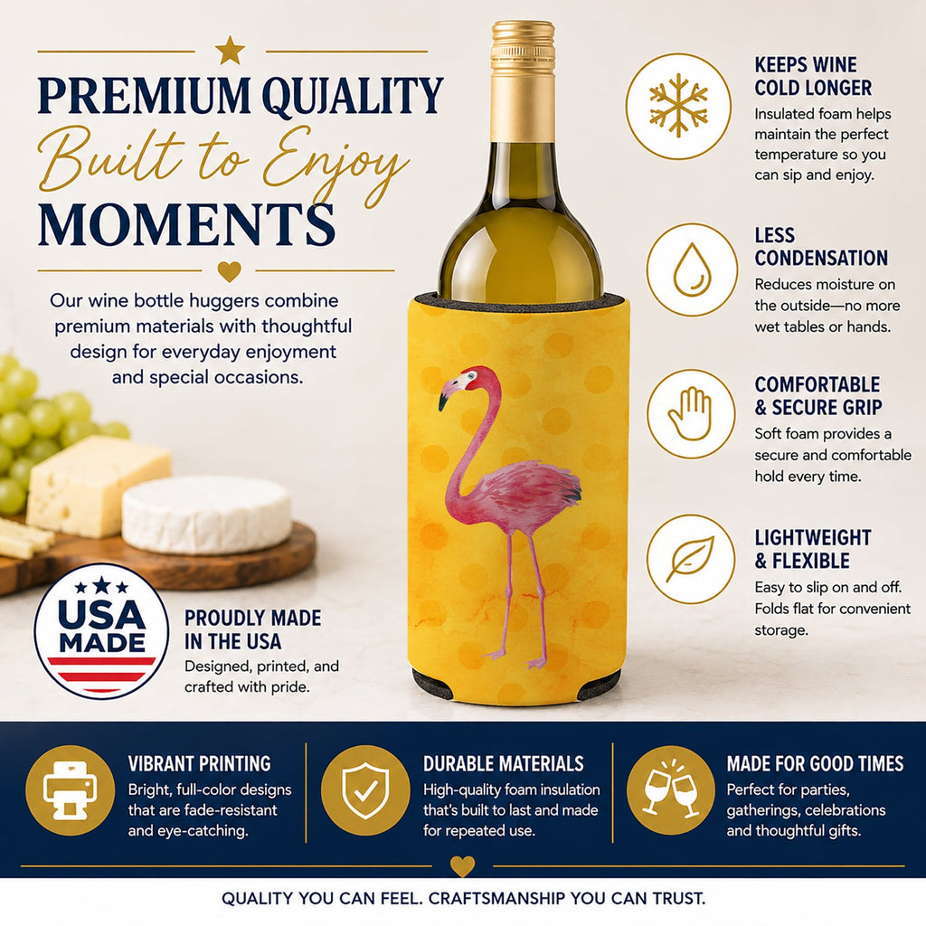 Flamingo Yellow Polkadot Wine Bottle Hugger Gift Sleeve for Standard 750 ml Bottles, Insulated Reusable Fits Mini Shot & Pint Bottles