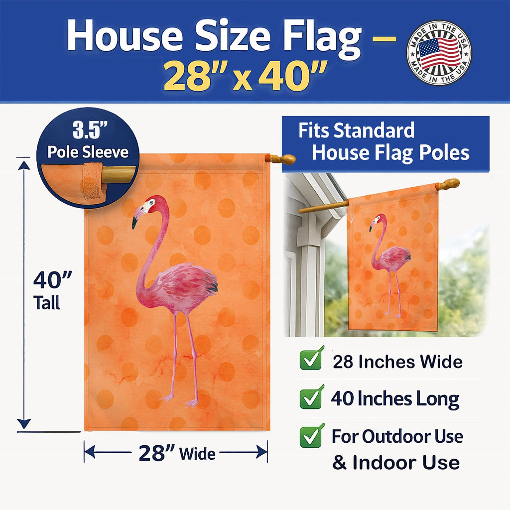Flamingo Orange Polkadot House Flag 28x40 Porch Sleeve Pole Decorative Outside Yard Banner Artwork Wall Hanging, Polyester