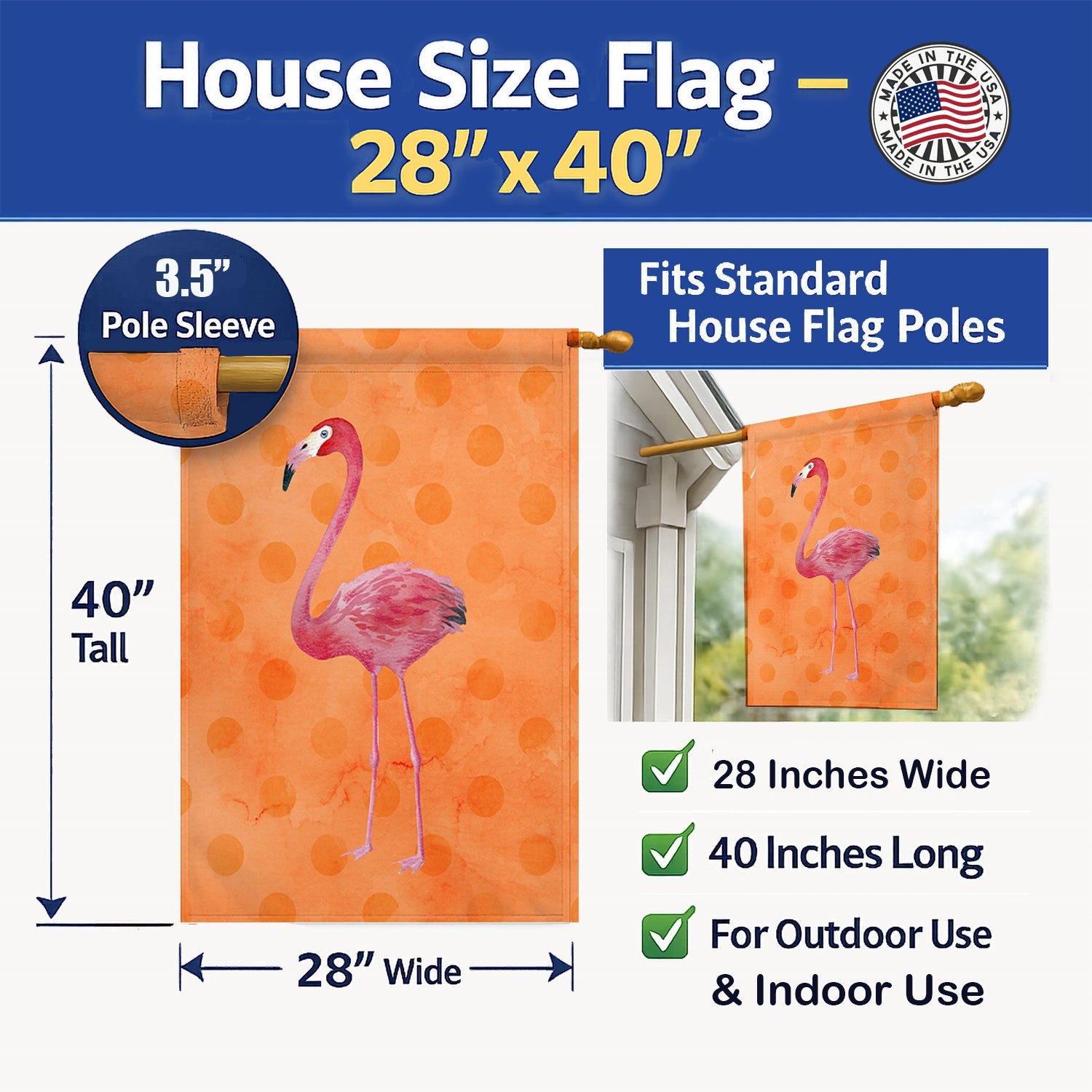Flamingo Orange Polkadot House Flag 28x40 Porch Sleeve Pole Decorative Outside Yard Banner Artwork Wall Hanging, Polyester