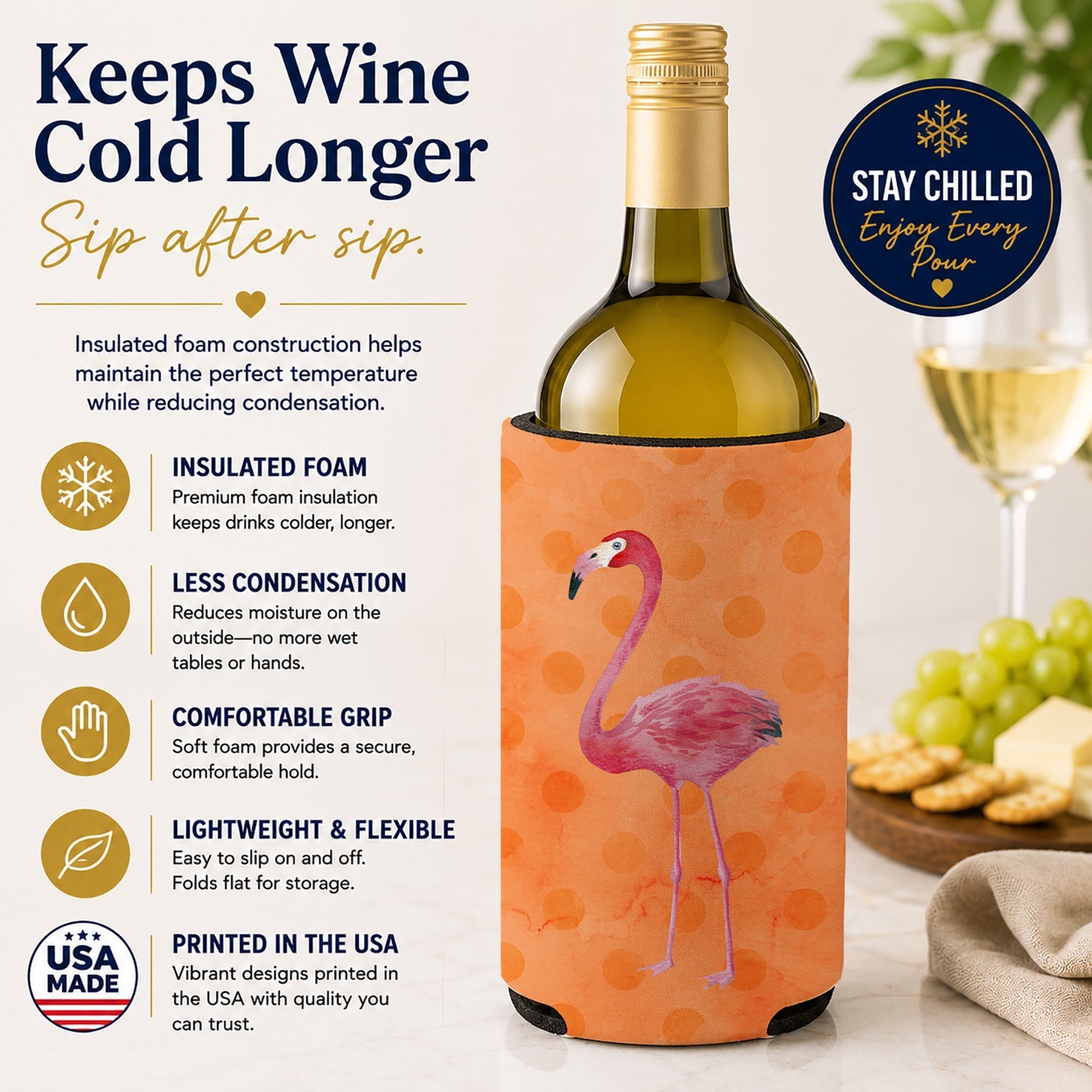Flamingo Orange Polkadot Wine Bottle Hugger Gift Sleeve for Standard 750 ml Bottles, Insulated Reusable Fits Mini Shot & Pint Bottles