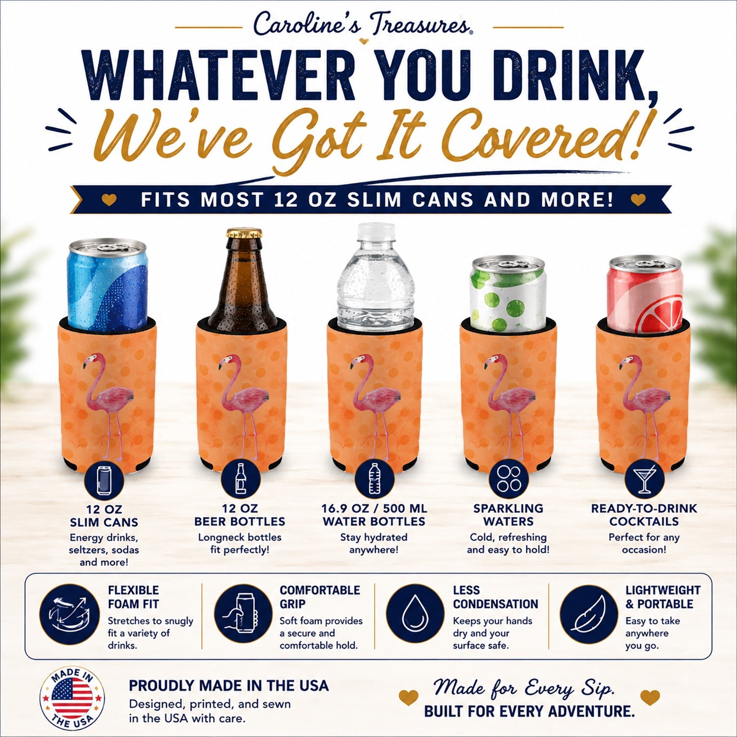 Flamingo Orange Polkadot Slim Can Hugger  Insulated Foam Sleeve for 12 oz Slim Cans, Beer Bottles & Water Bottles, Made in USA