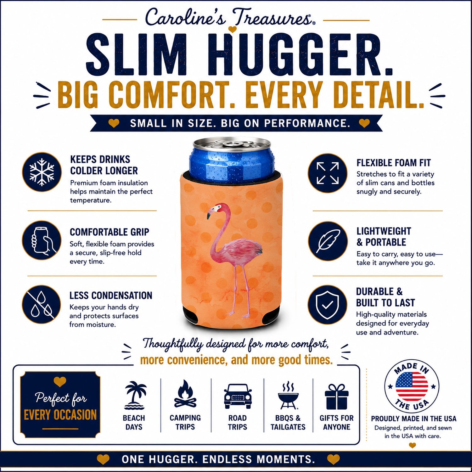 Flamingo Orange Polkadot Slim Can Hugger  Insulated Foam Sleeve for 12 oz Slim Cans, Beer Bottles & Water Bottles, Made in USA
