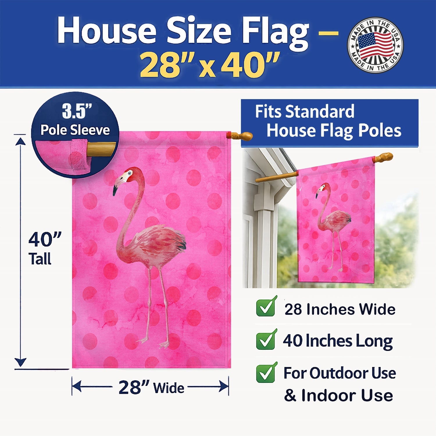 Flamingo Pink Polkadot House Flag 28x40 Porch Sleeve Pole Decorative Outside Yard Banner Artwork Wall Hanging, Polyester
