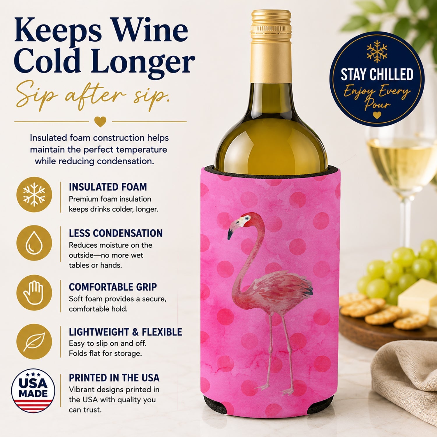 Flamingo Pink Polkadot Wine Bottle Hugger Gift Sleeve for Standard 750 ml Bottles, Insulated Reusable Fits Mini Shot & Pint Bottles
