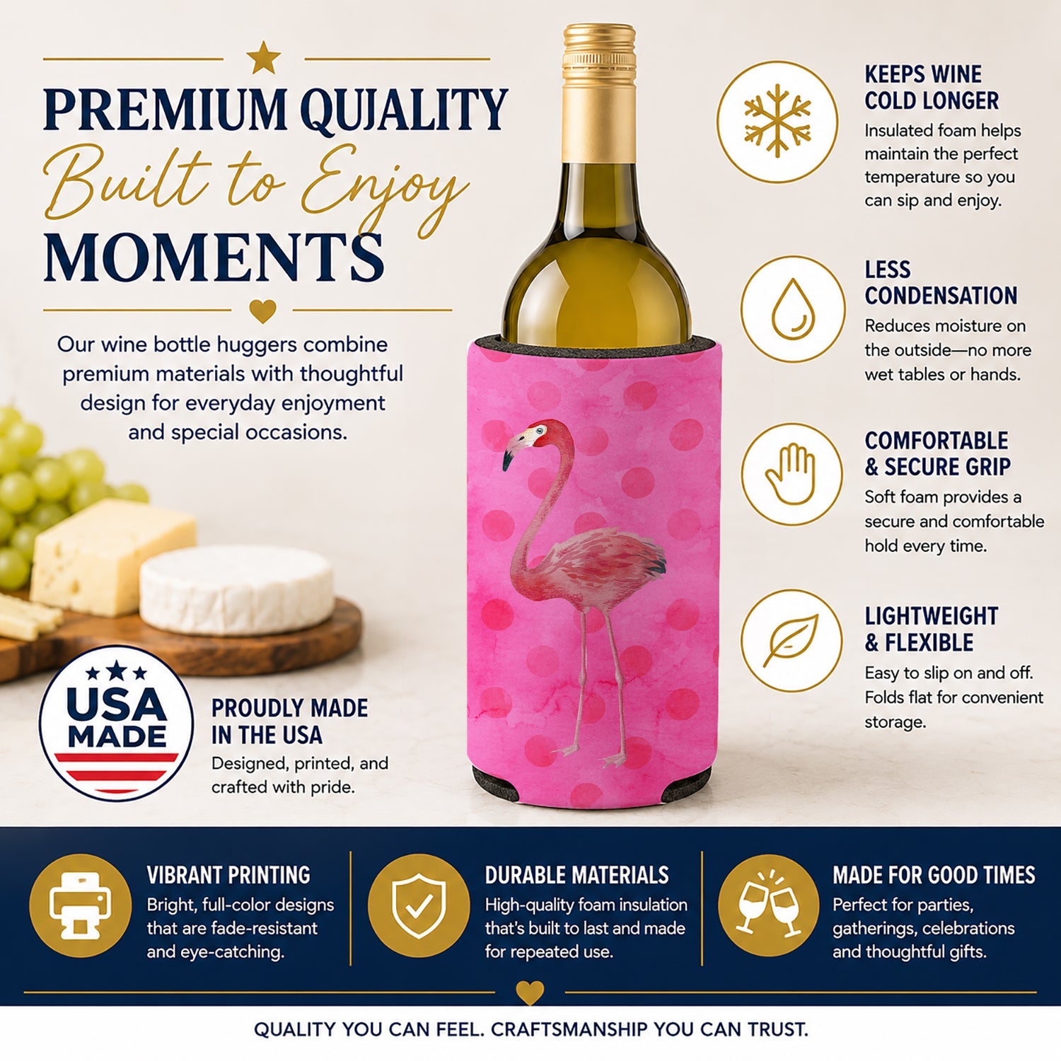 Flamingo Pink Polkadot Wine Bottle Hugger Gift Sleeve for Standard 750 ml Bottles, Insulated Reusable Fits Mini Shot & Pint Bottles