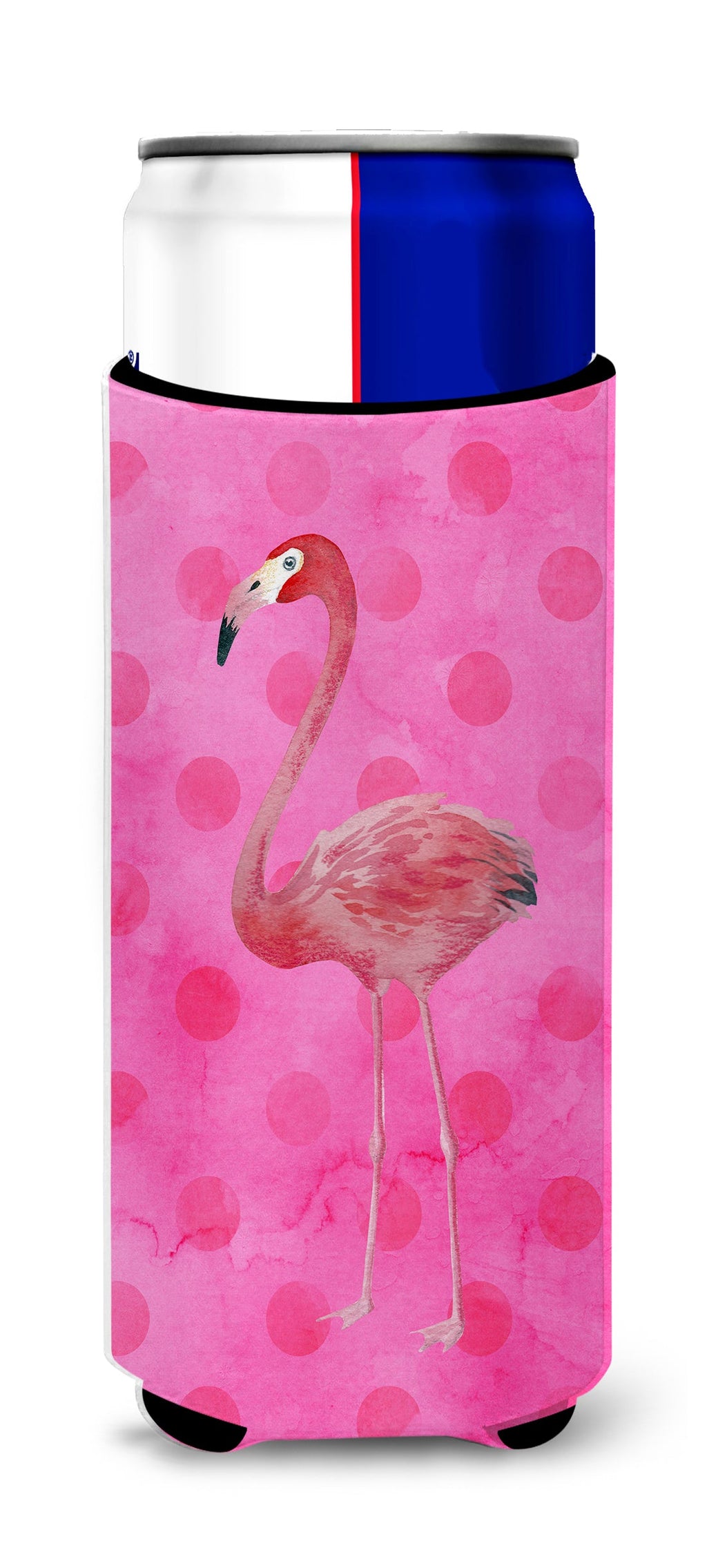 Flamingo Pink Polkadot Slim Can Hugger , Insulated Foam Hugger for 12 oz Slim Cans, Beer Bottles & Water Bottles, Printed in USA