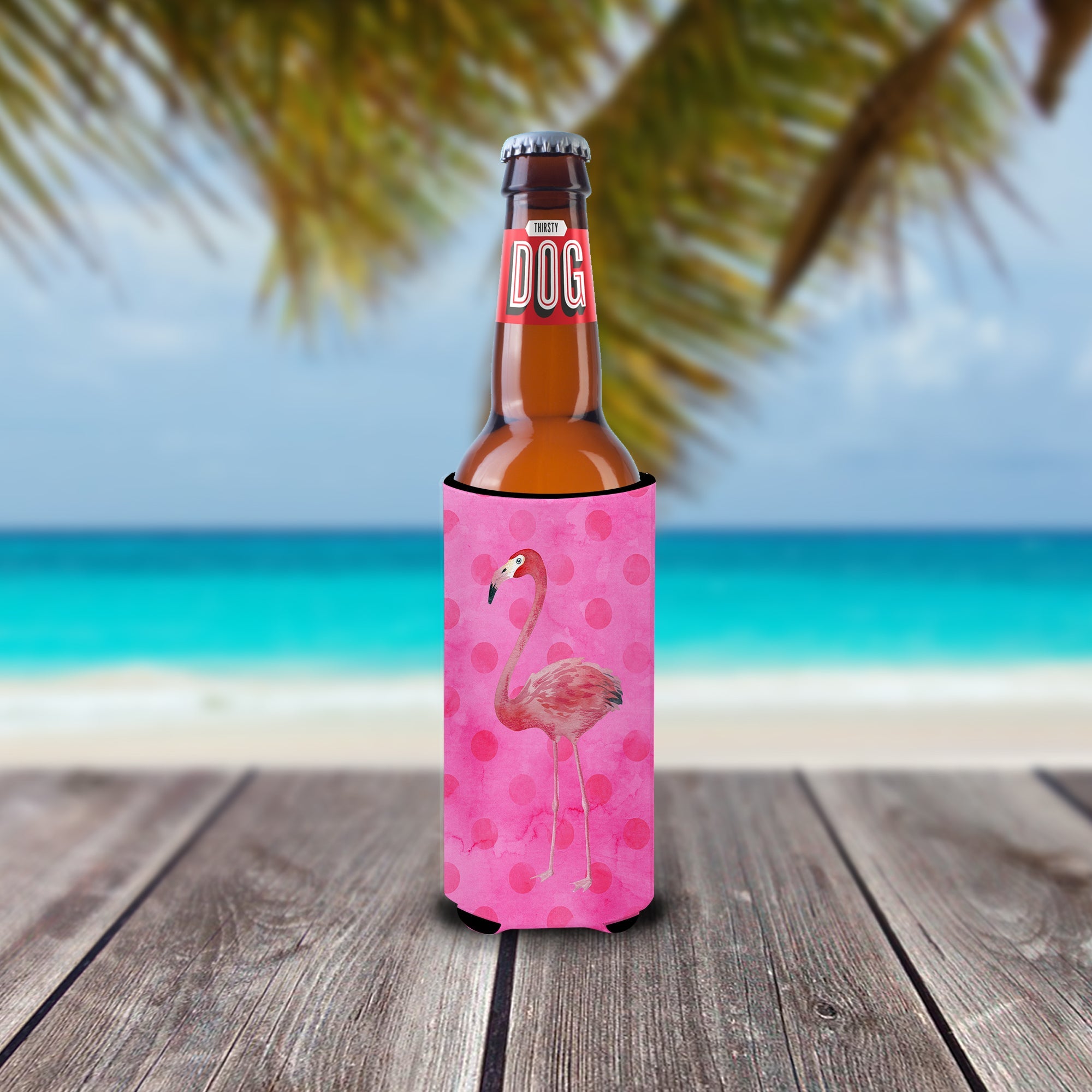 Flamingo Pink Polkadot Slim Can Hugger , Insulated Foam Hugger for 12 oz Slim Cans, Beer Bottles & Water Bottles, Printed in USA