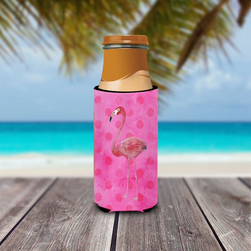 Flamingo Pink Polkadot Slim Can Hugger , Insulated Foam Hugger for 12 oz Slim Cans, Beer Bottles & Water Bottles, Printed in USA