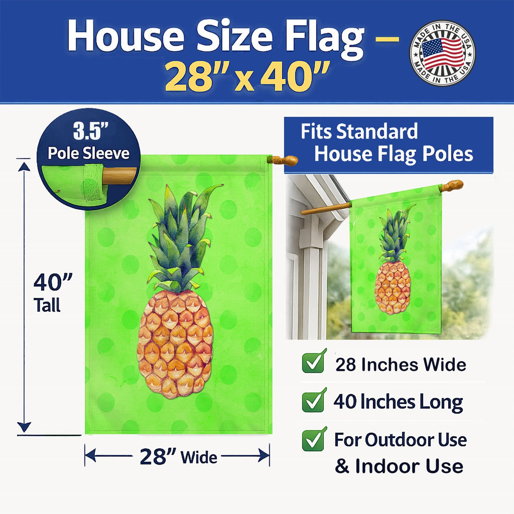 Pineapple Green Polkadot House Flag 28x40 Porch Sleeve Pole Decorative Outside Yard Banner Artwork Wall Hanging, Polyester