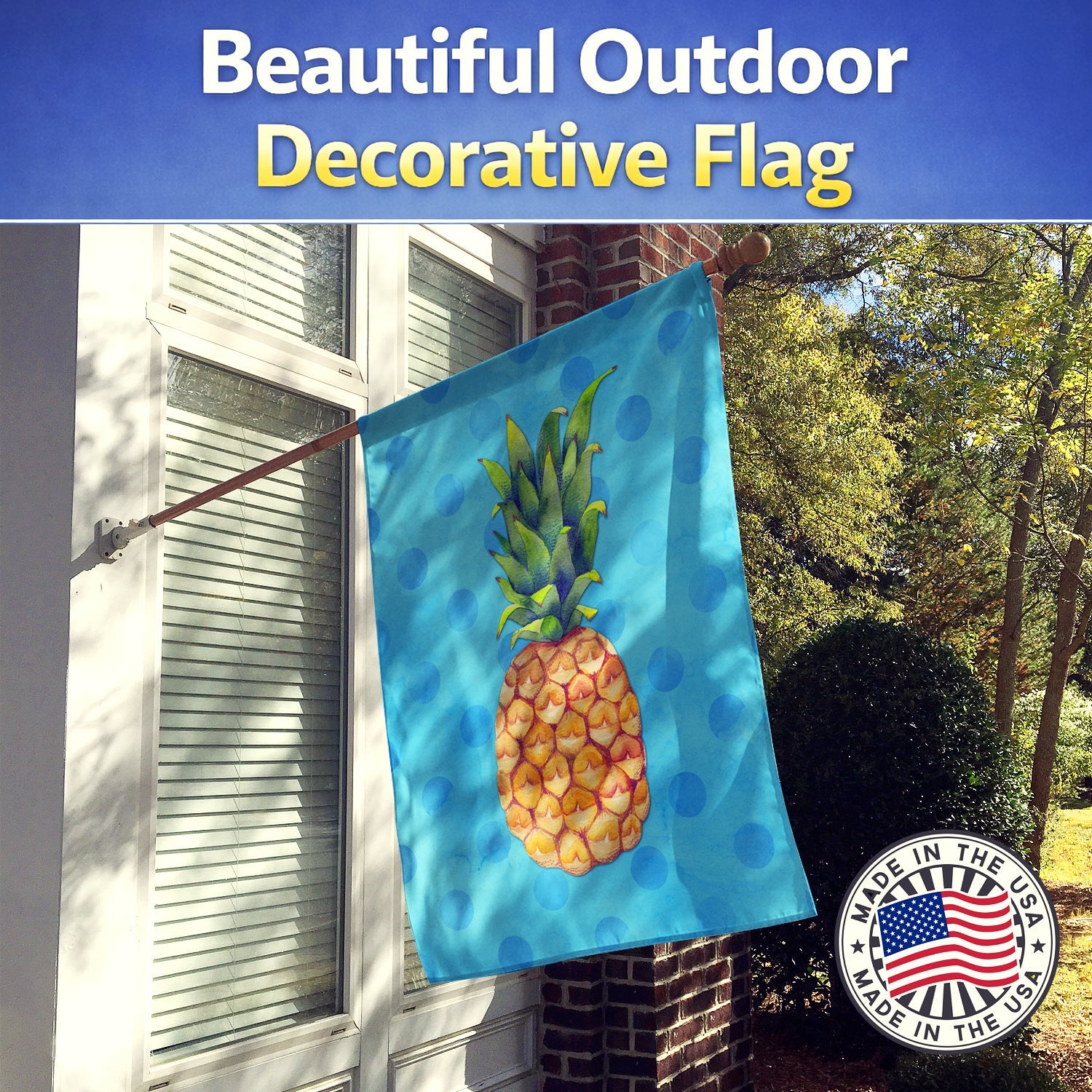 Pineapple Blue Polkadot House Flag 28x40 Porch Sleeve Pole Decorative Outside Yard Banner Artwork Wall Hanging, Polyester