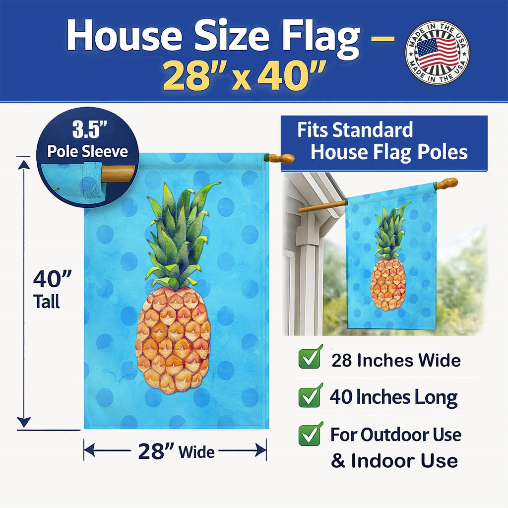 Pineapple Blue Polkadot House Flag 28x40 Porch Sleeve Pole Decorative Outside Yard Banner Artwork Wall Hanging, Polyester