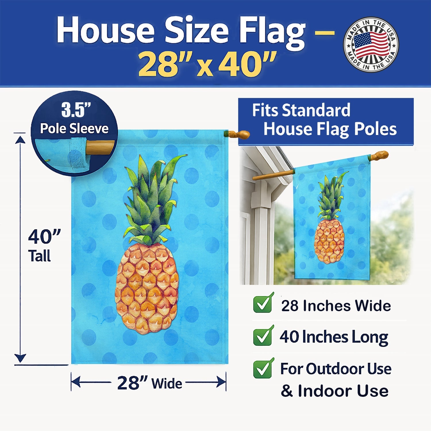 Pineapple Blue Polkadot House Flag 28x40 Porch Sleeve Pole Decorative Outside Yard Banner Artwork Wall Hanging, Polyester