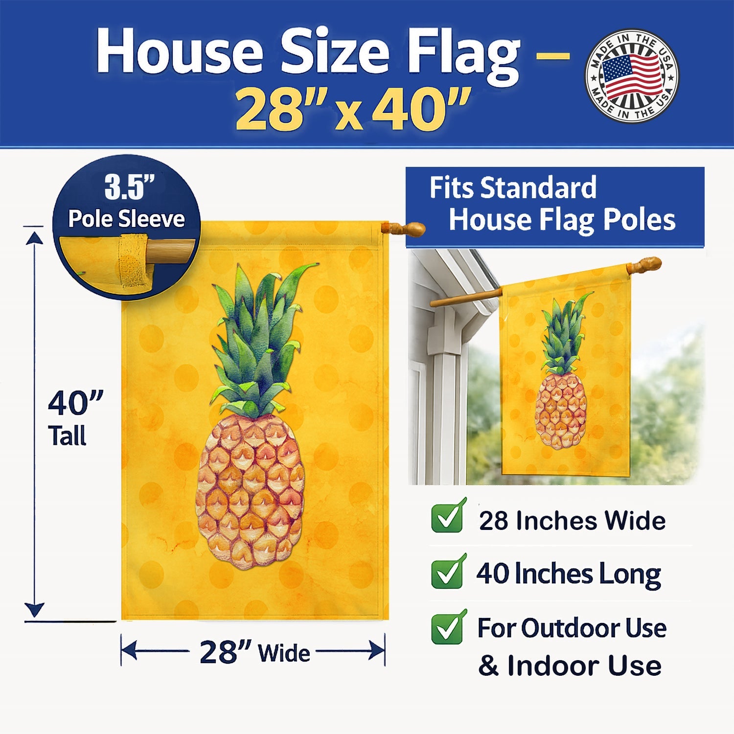 Pineapple Yellow Polkadot House Flag 28x40 Porch Sleeve Pole Decorative Outside Yard Banner Artwork Wall Hanging, Polyester