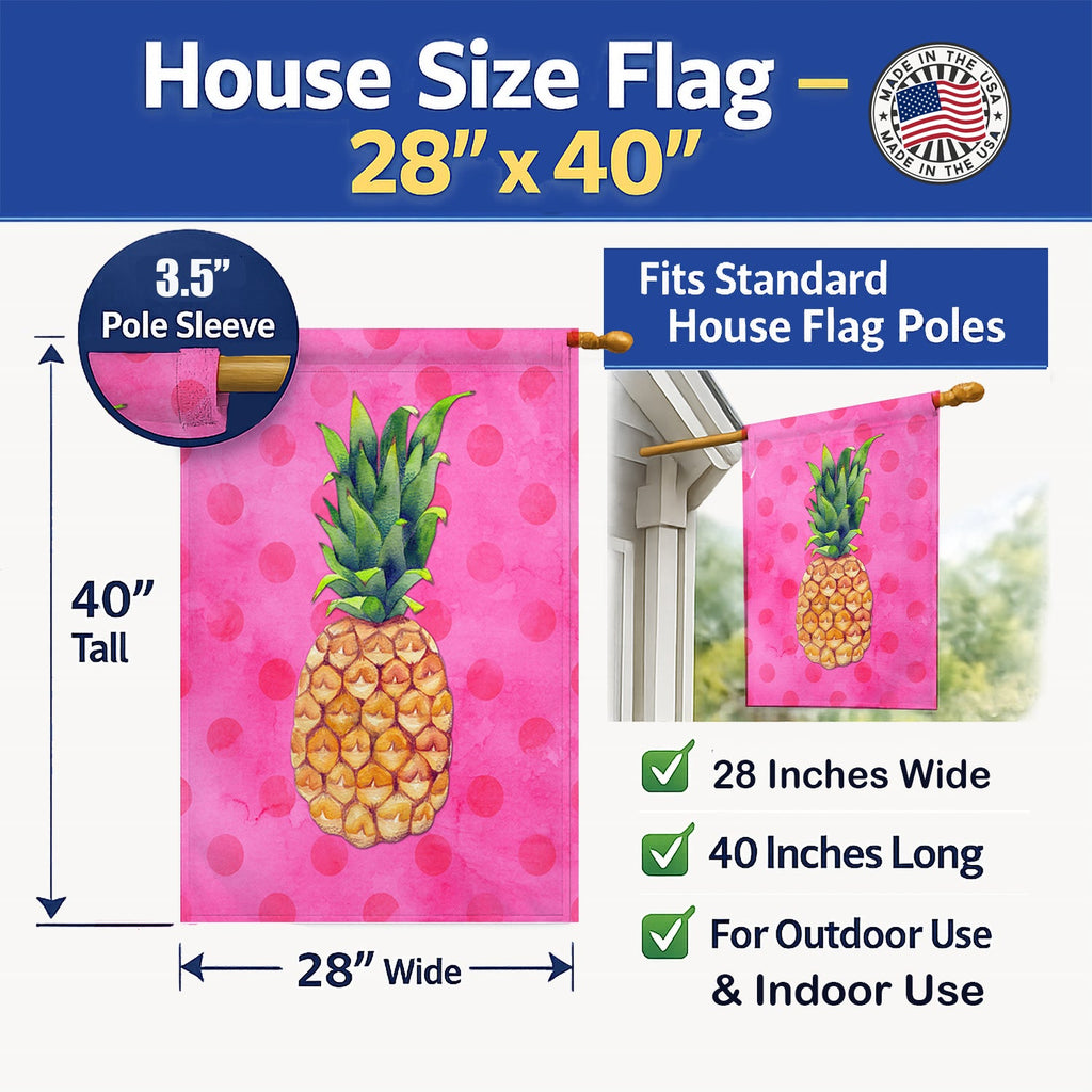 Pineapple Pink Polkadot House Flag 28x40 Porch Sleeve Pole Decorative Outside Yard Banner Artwork Wall Hanging, Polyester