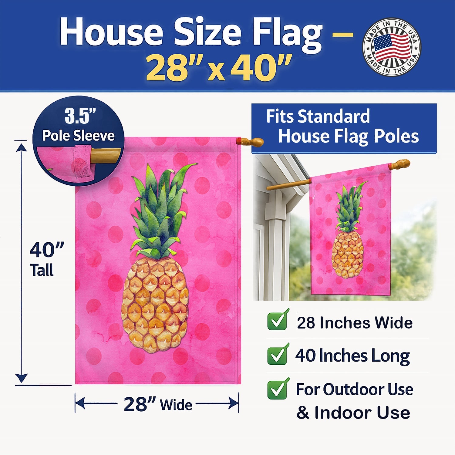 Pineapple Pink Polkadot House Flag 28x40 Porch Sleeve Pole Decorative Outside Yard Banner Artwork Wall Hanging, Polyester