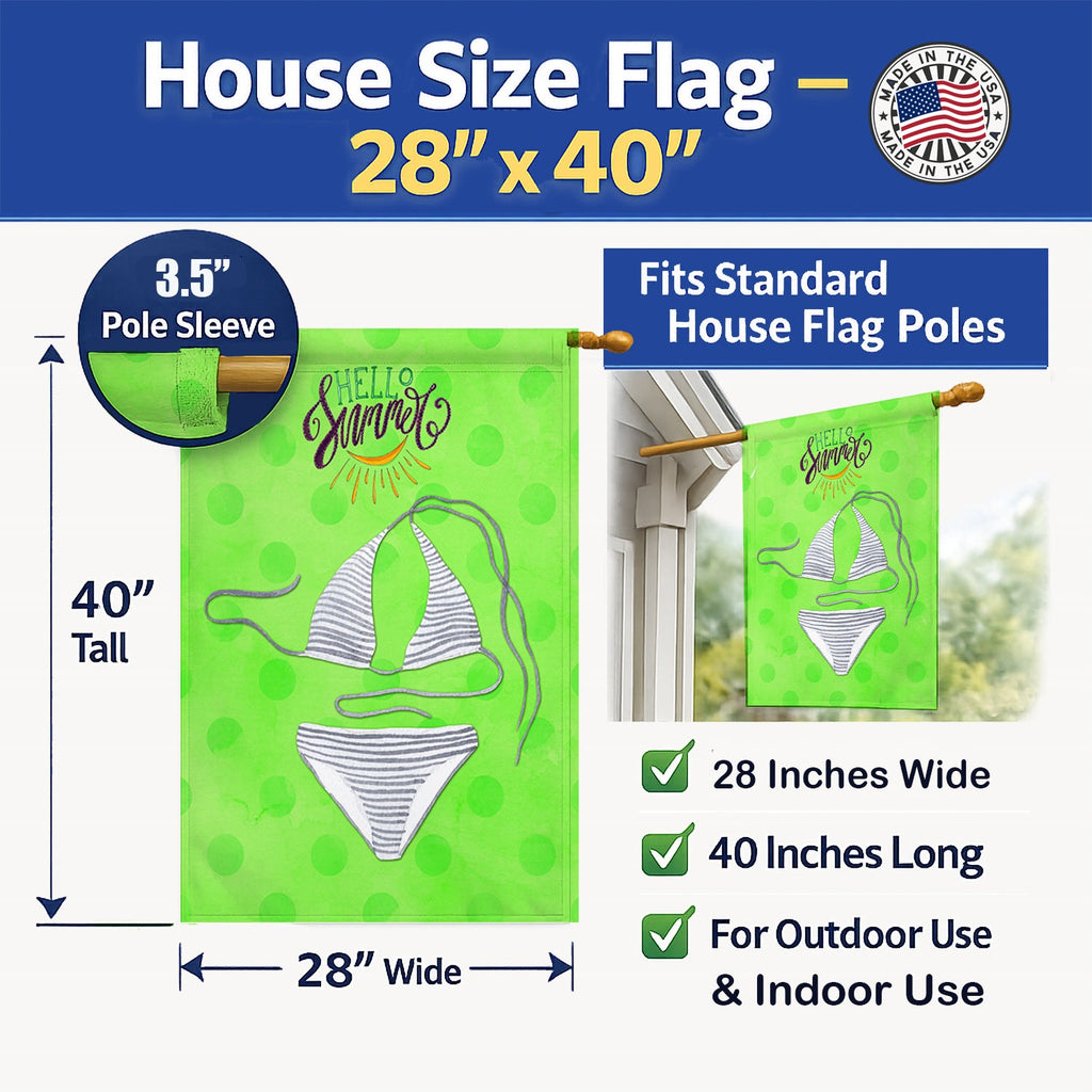 Bikini Swimsuit Green Polkadot House Flag 28x40 Porch Sleeve Pole Decorative Outside Yard Banner Artwork Wall Hanging, Polyester