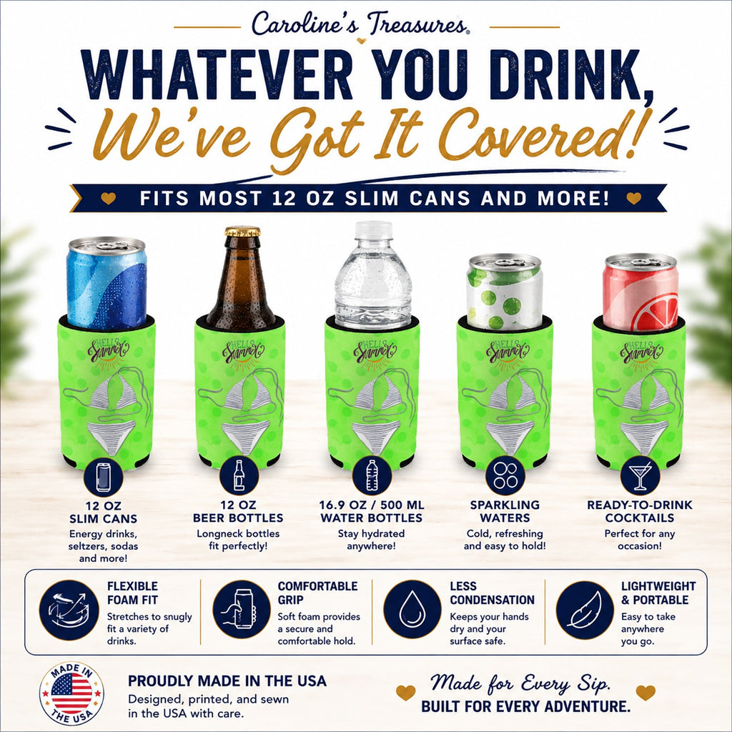 Bikini Swimsuit Green Polkadot Slim Can Hugger  Insulated Foam Sleeve for 12 oz Slim Cans, Beer Bottles & Water Bottles, Made in USA