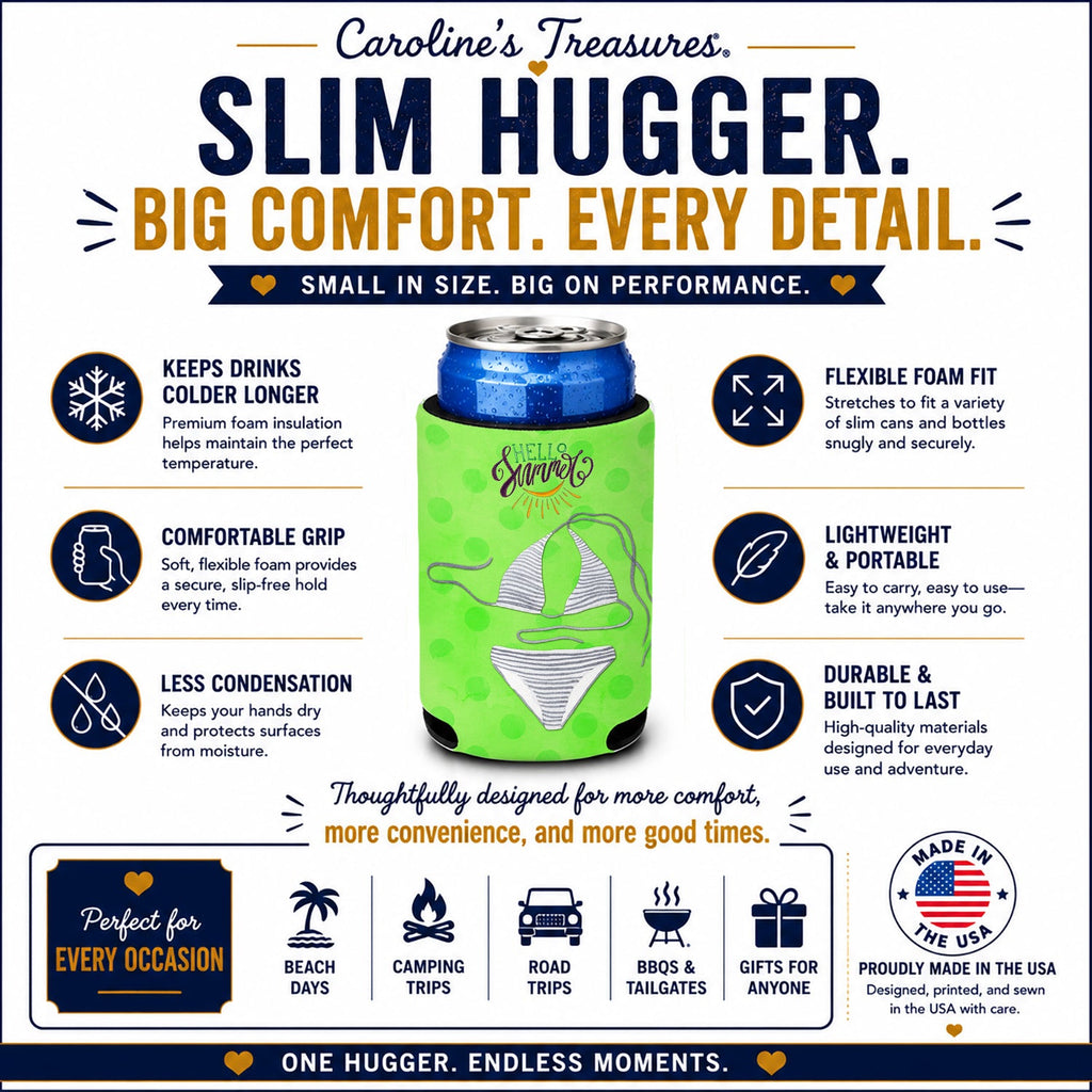 Bikini Swimsuit Green Polkadot Slim Can Hugger  Insulated Foam Sleeve for 12 oz Slim Cans, Beer Bottles & Water Bottles, Made in USA