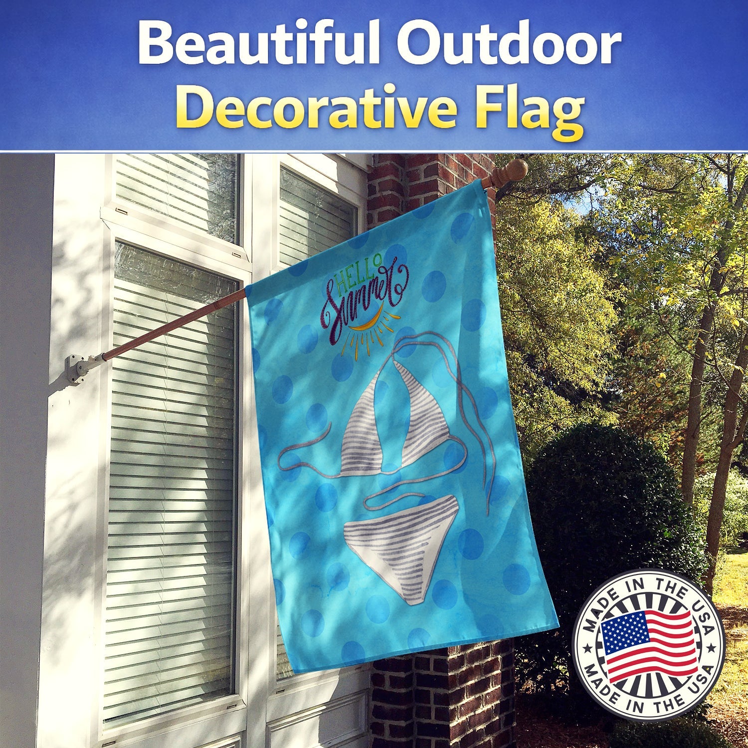 Bikini Swimsuit Blue Polkadot House Flag 28x40 Porch Sleeve Pole Decorative Outside Yard Banner Artwork Wall Hanging, Polyester