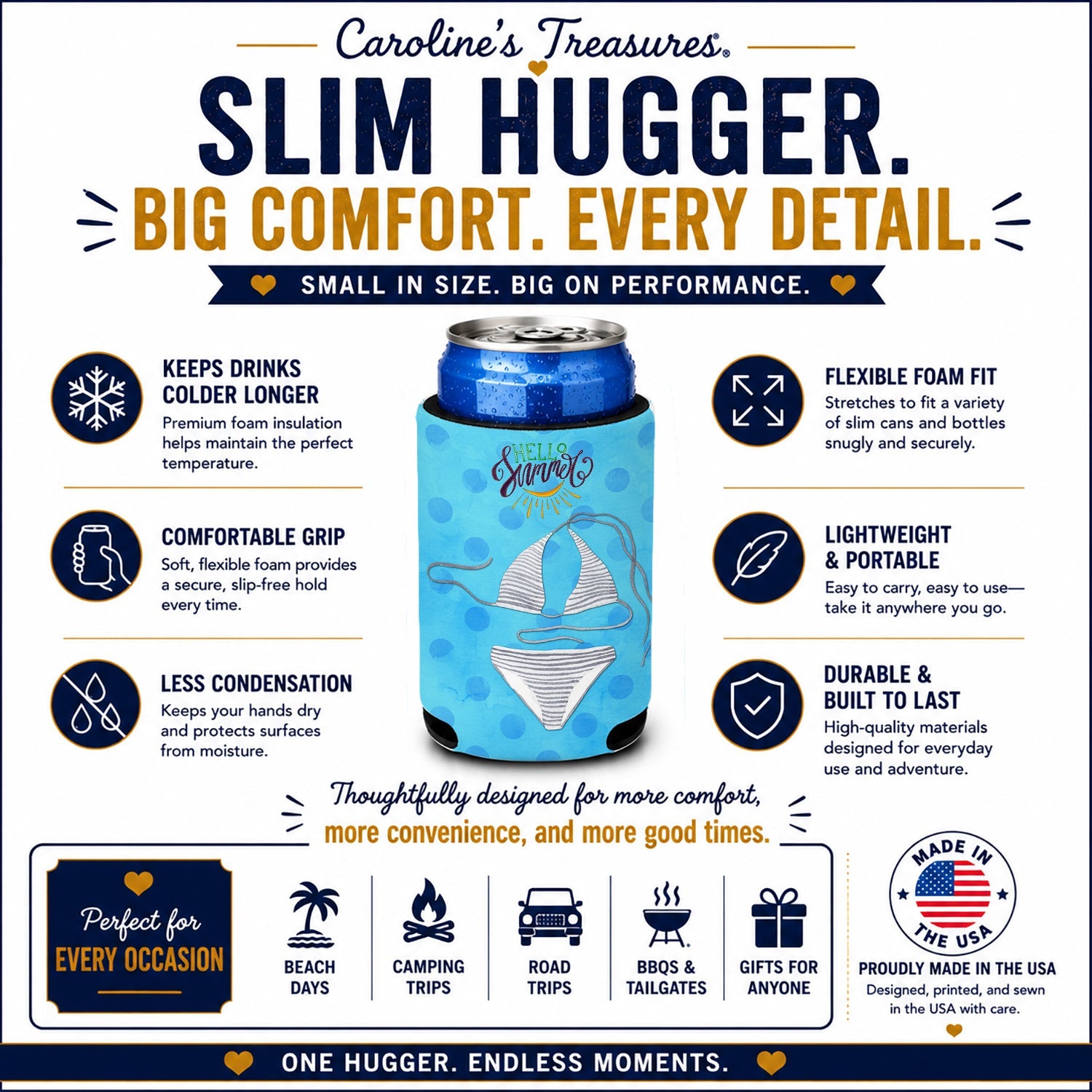 Bikini Swimsuit Blue Polkadot Slim Can Hugger  Insulated Foam Sleeve for 12 oz Slim Cans, Beer Bottles & Water Bottles, Made in USA