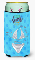 Bikini Swimsuit Blue Polkadot Tall Boy Hugger Can Cooler Sleeve Machine Washable Drink Collapsible Insulator Beverage Insulated Holder