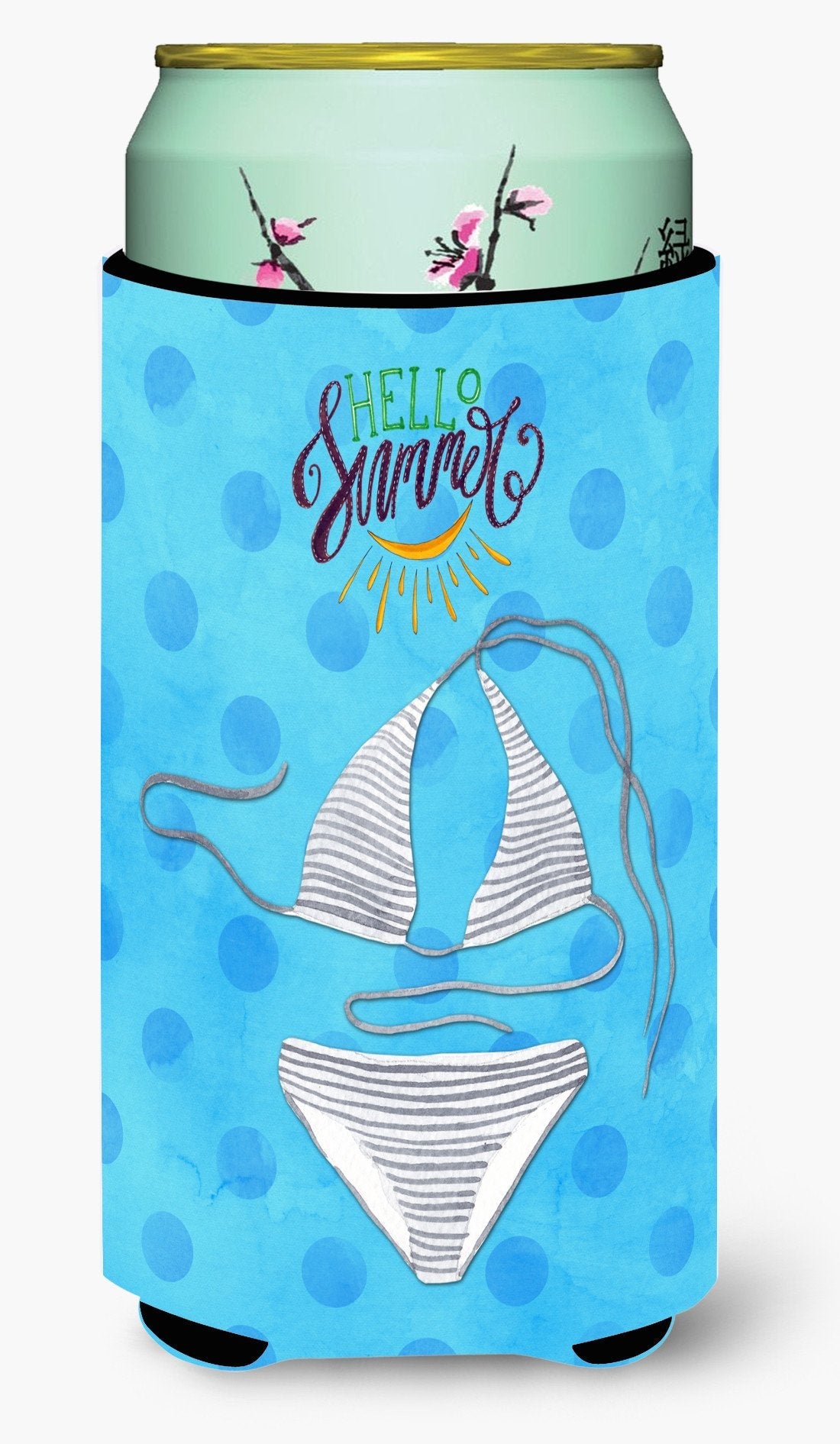 Bikini Swimsuit Blue Polkadot Tall Boy Hugger Can Cooler Sleeve Machine Washable Drink Collapsible Insulator Beverage Insulated Holder