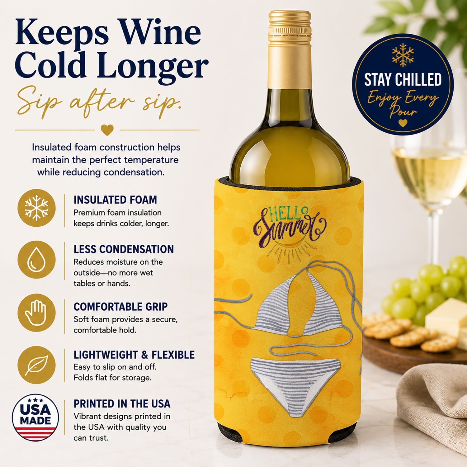 Bikini Swimsuit Yellow Polkadot Wine Bottle Hugger Gift Sleeve for Standard 750 ml Bottles, Insulated Reusable Fits Mini Shot & Pint Bottles