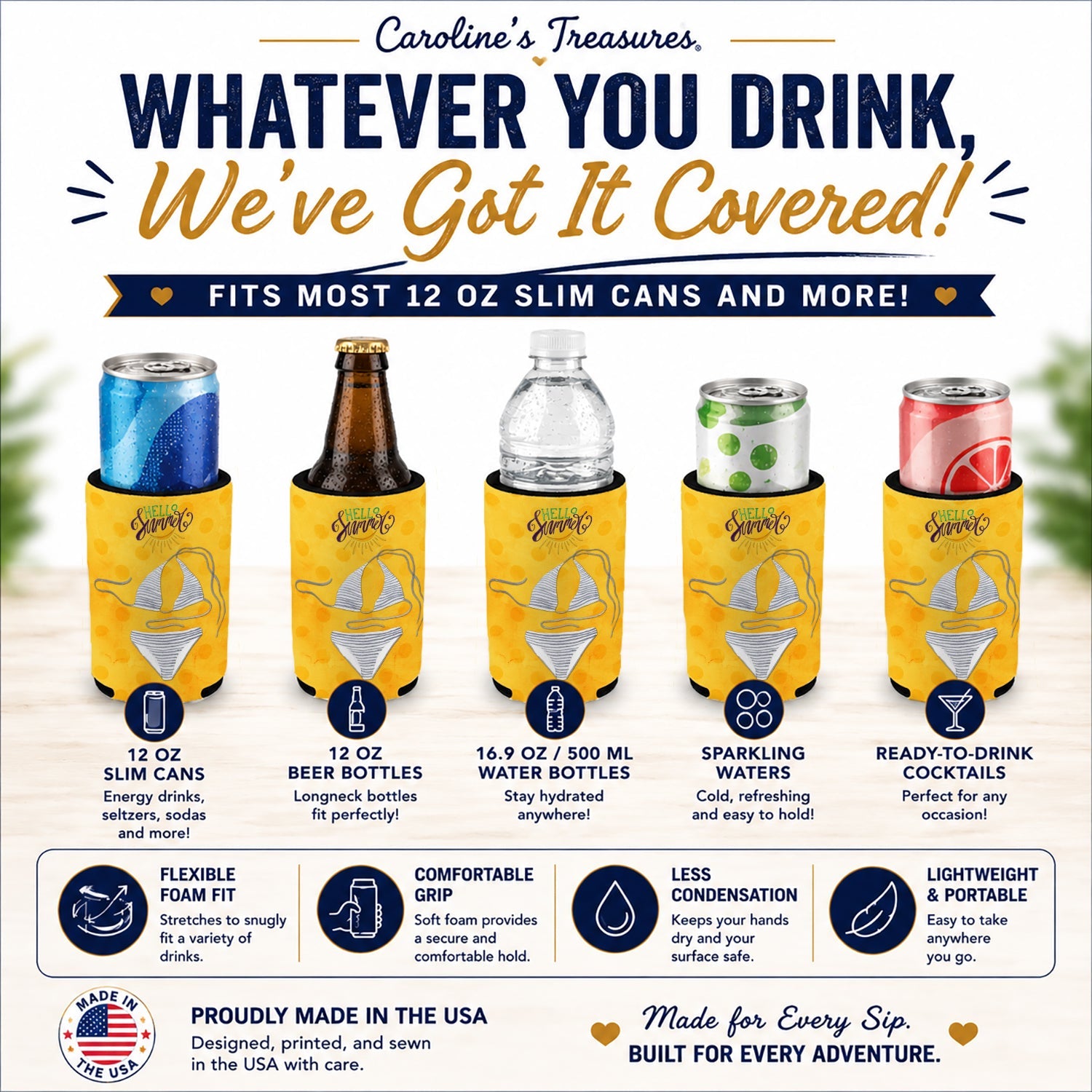 Bikini Swimsuit Yellow Polkadot Slim Can Hugger  Insulated Foam Sleeve for 12 oz Slim Cans, Beer Bottles & Water Bottles, Made in USA