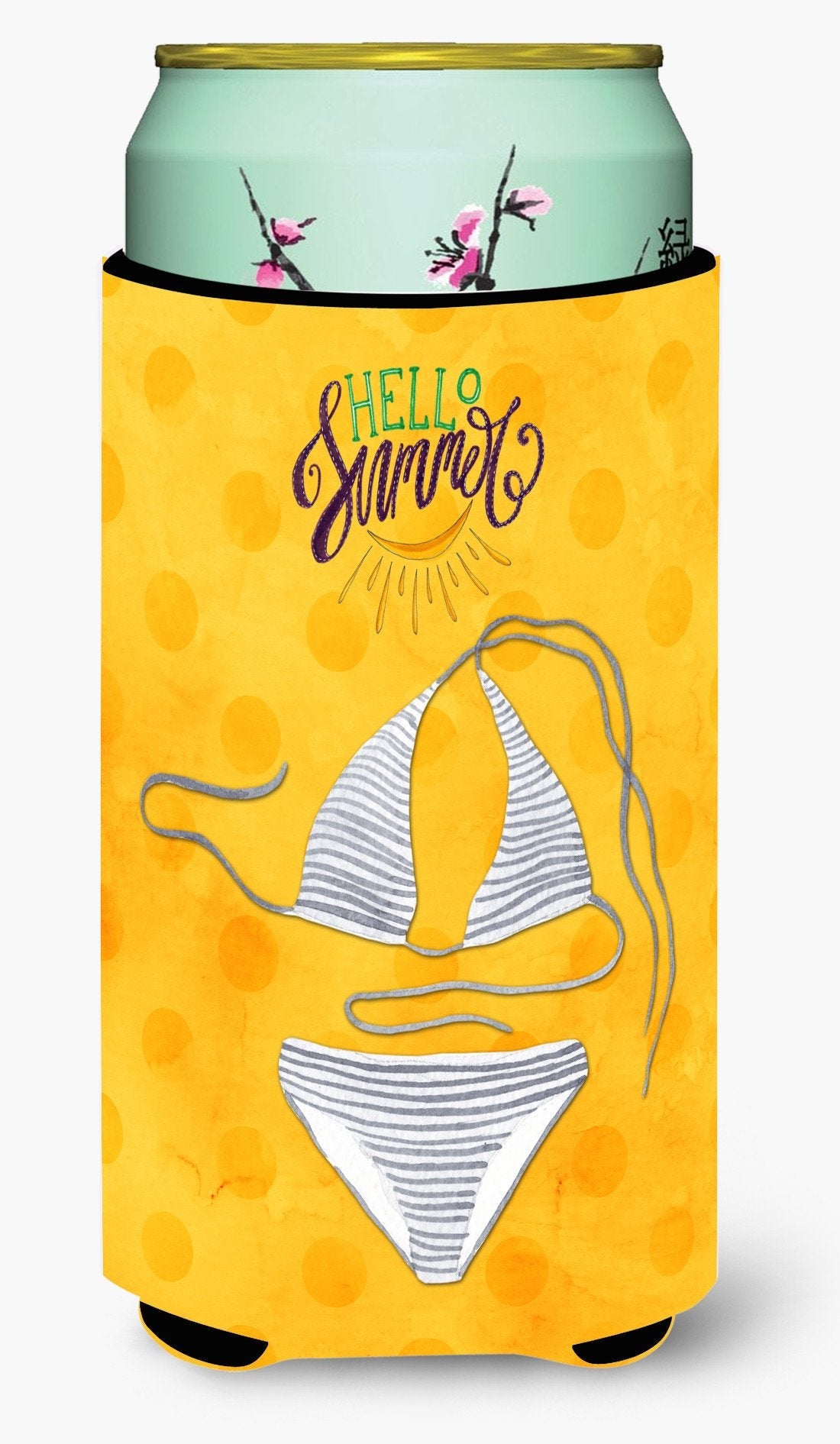 Bikini Swimsuit Yellow Polkadot Tall Boy Hugger Can Cooler Sleeve Machine Washable Drink Collapsible Insulator Beverage Insulated Holder