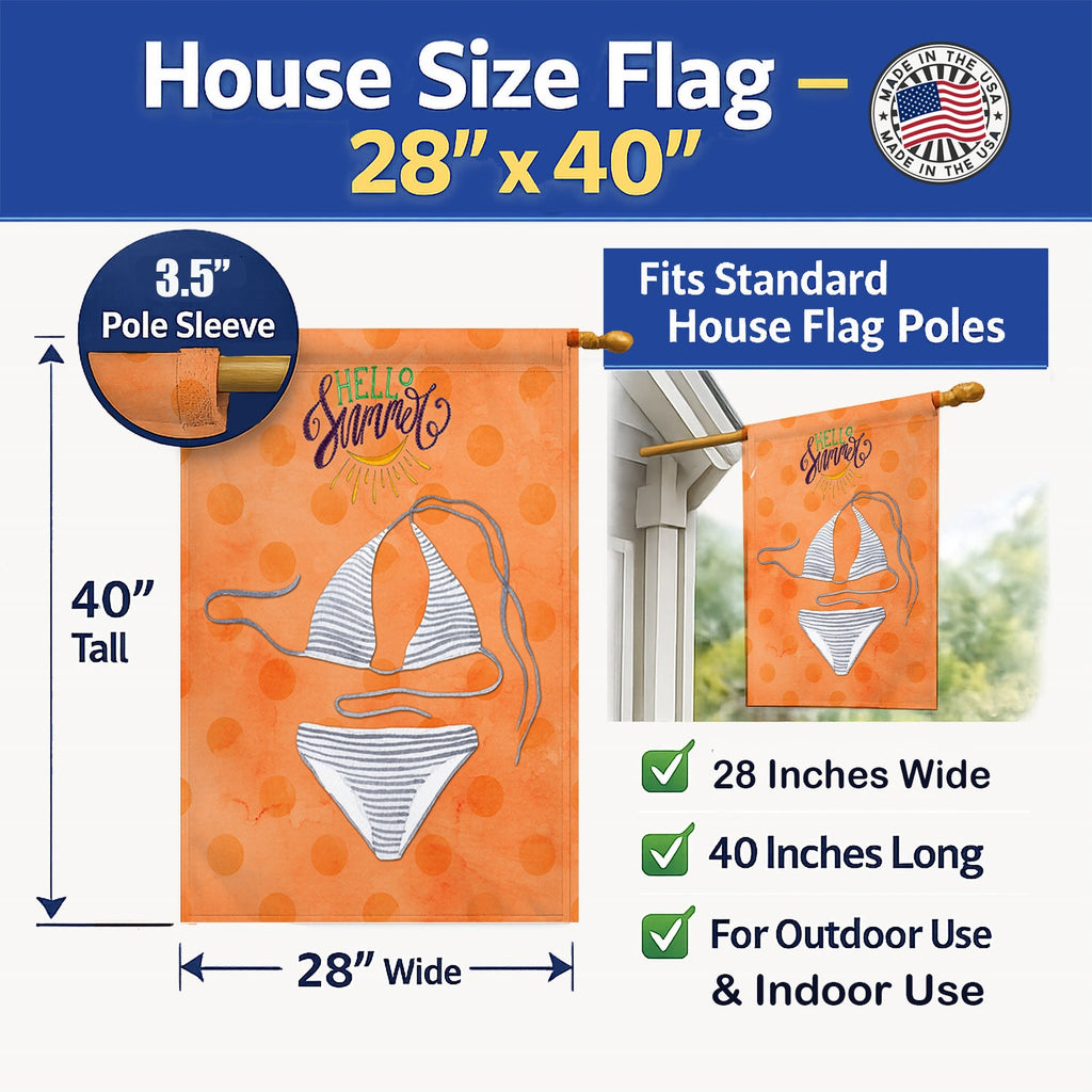 Bikini Swimsuit Orange Polkadot House Flag 28x40 Porch Sleeve Pole Decorative Outside Yard Banner Artwork Wall Hanging, Polyester